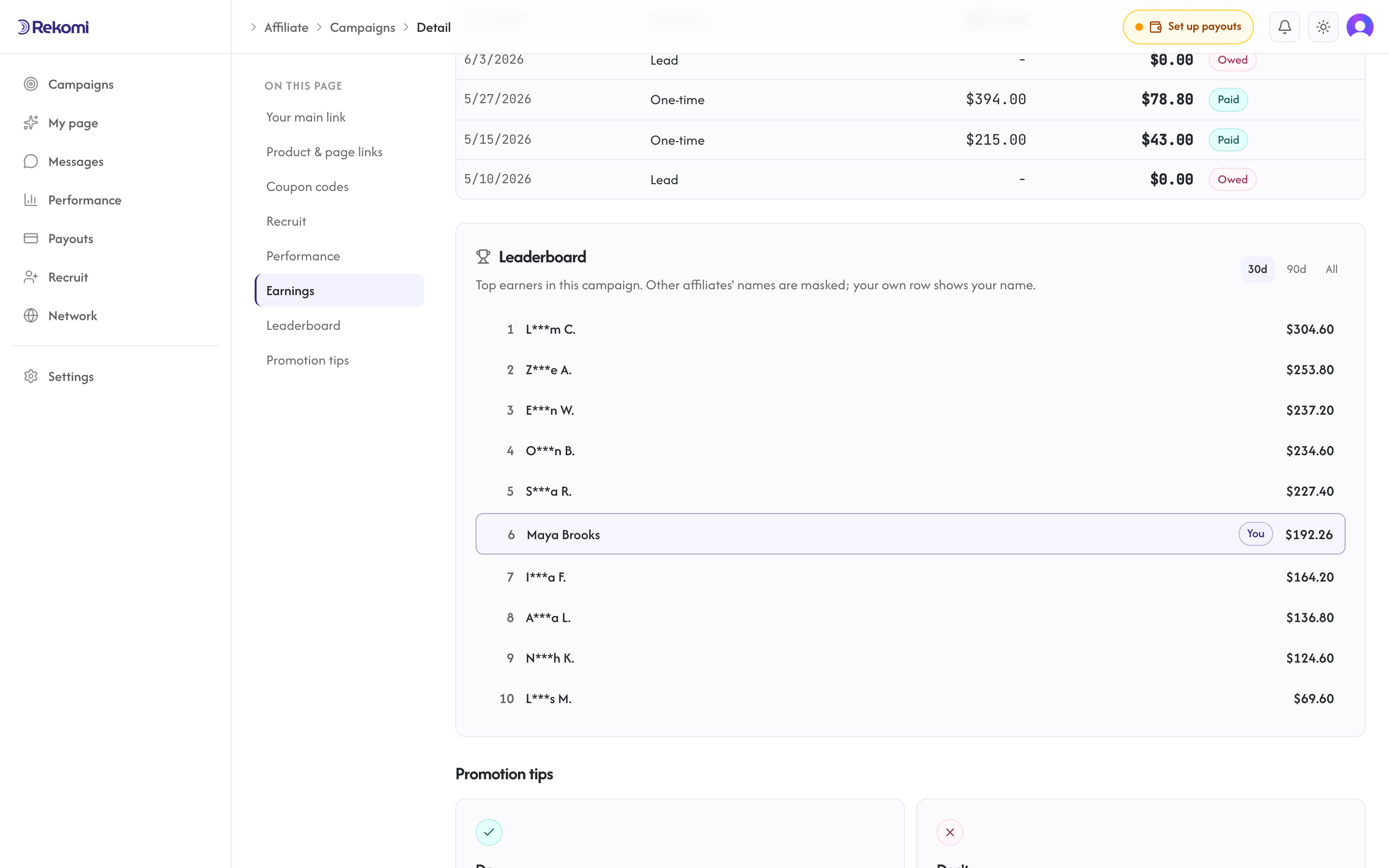A campaign leaderboard with masked affiliate names and your own row highlighted with your rank