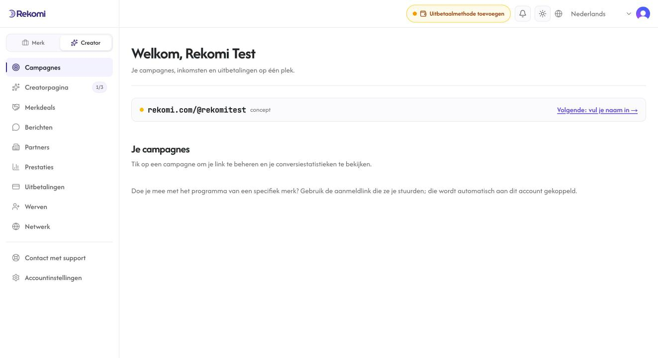 The creator dashboard in Dutch after picking Nederlands in the top bar