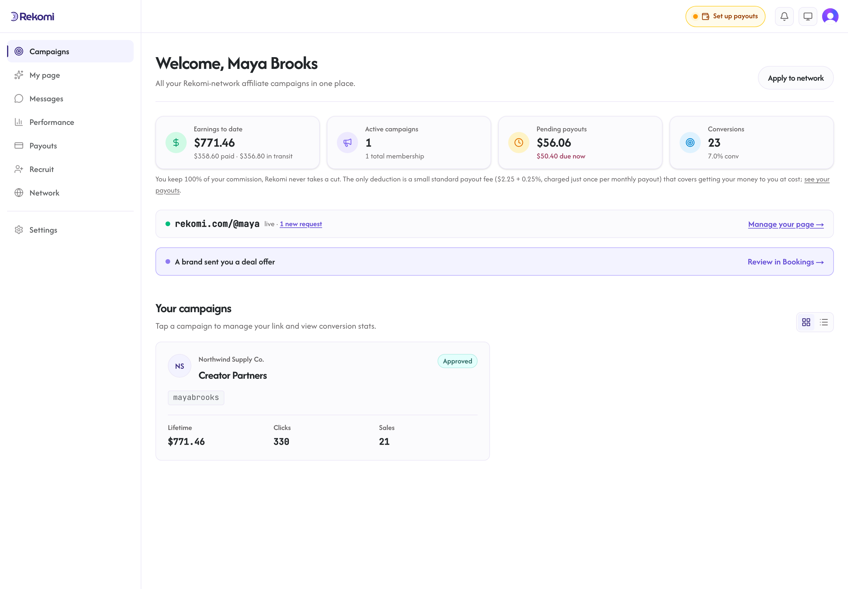 Affiliate home dashboard with KPI cards and the campaigns list, shown here for an established account