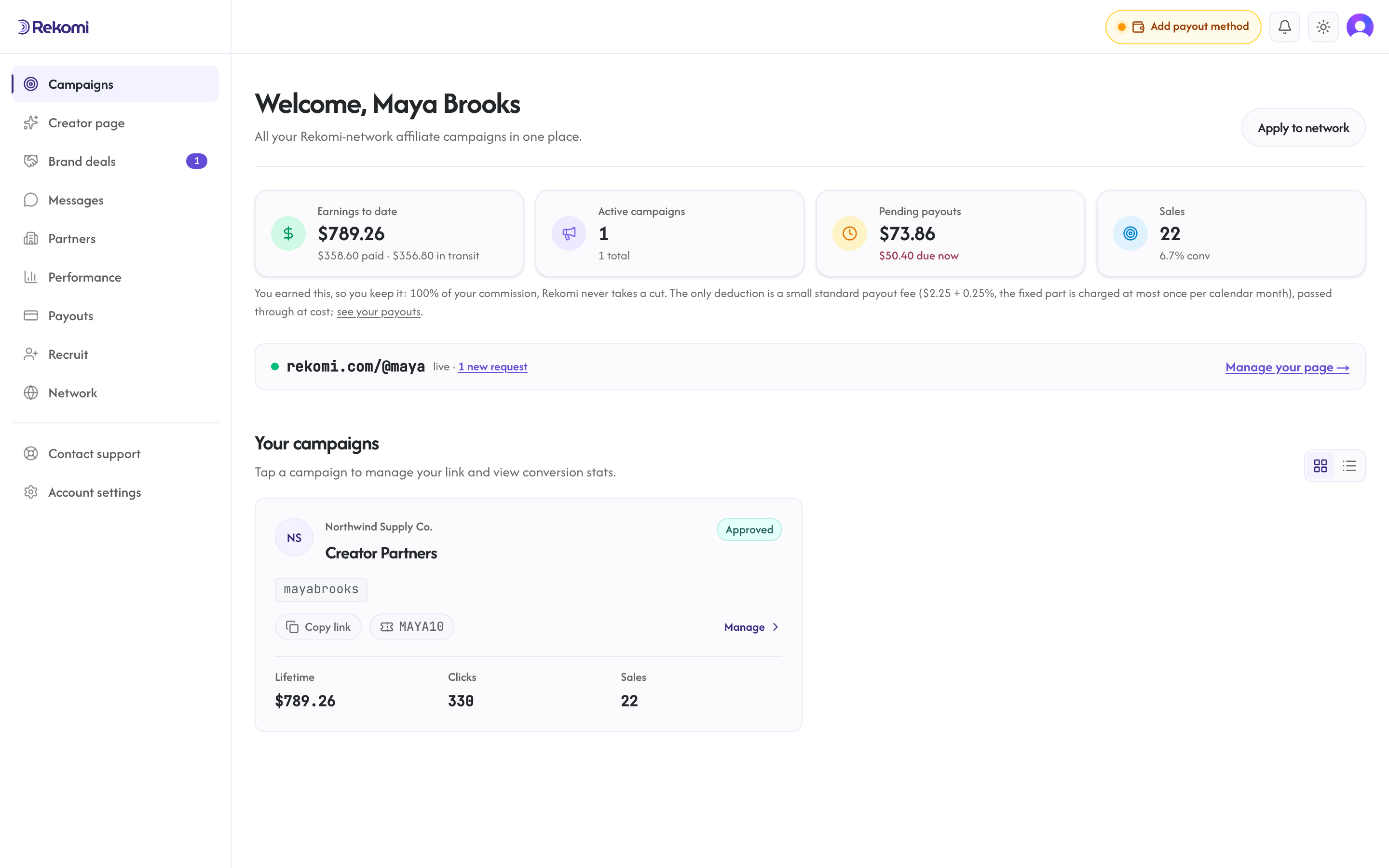 The affiliate home page with four KPI cards above the campaigns list