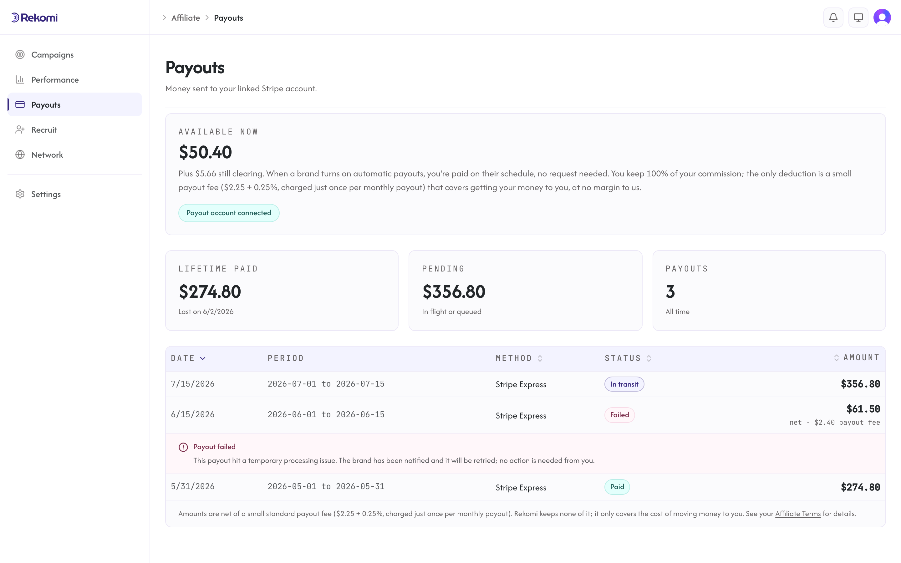 A failed payout with its reason shown inline under the row