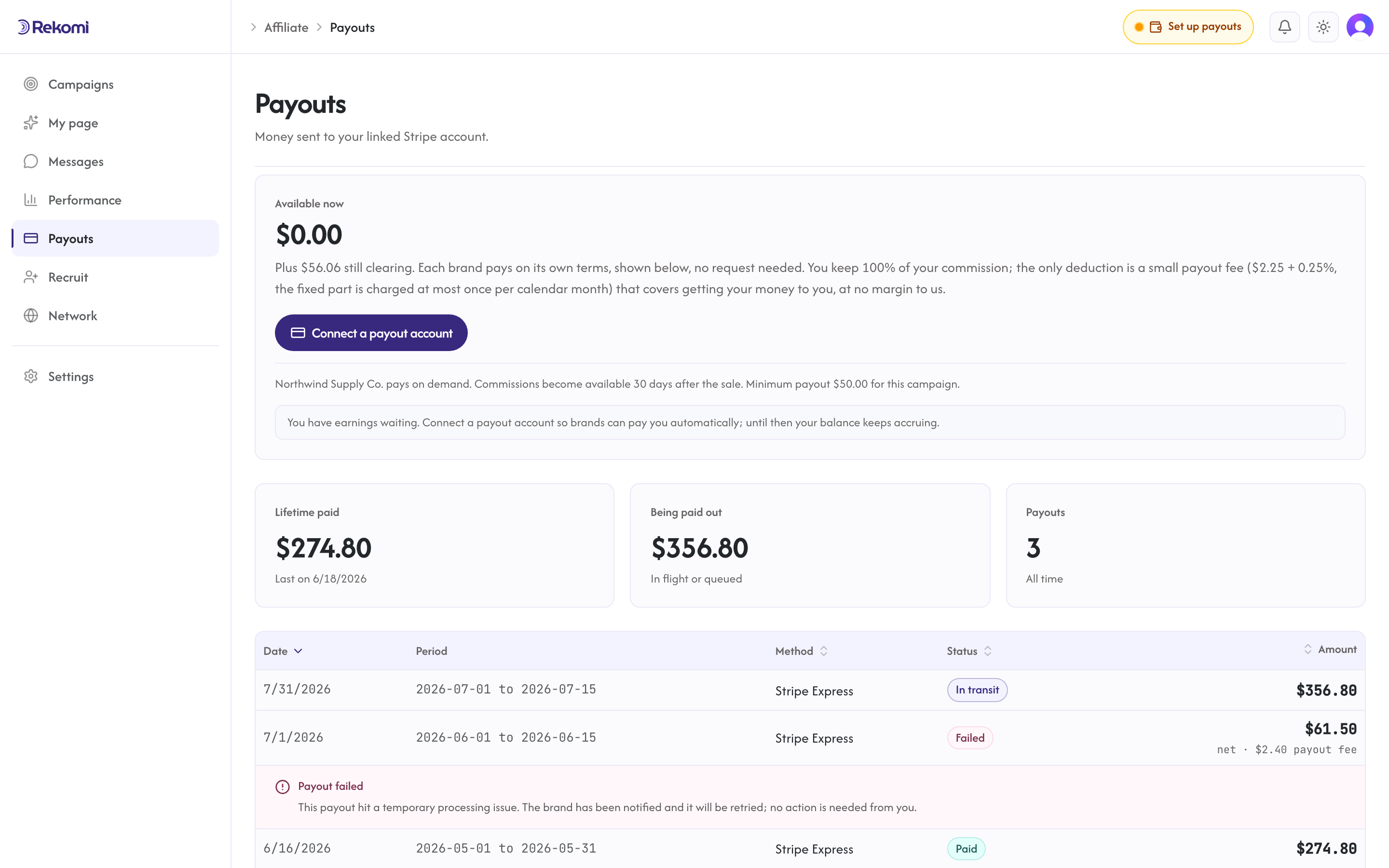 The affiliate payouts page listing payout batches with date, period, method, status, and amount