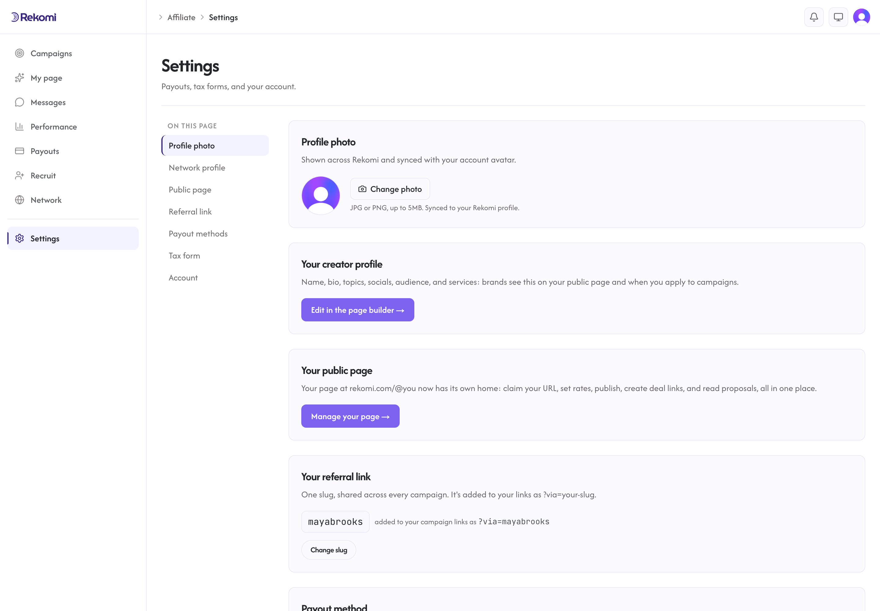 Affiliate settings page showing the referral link section, the connected payout method, and the tax form section