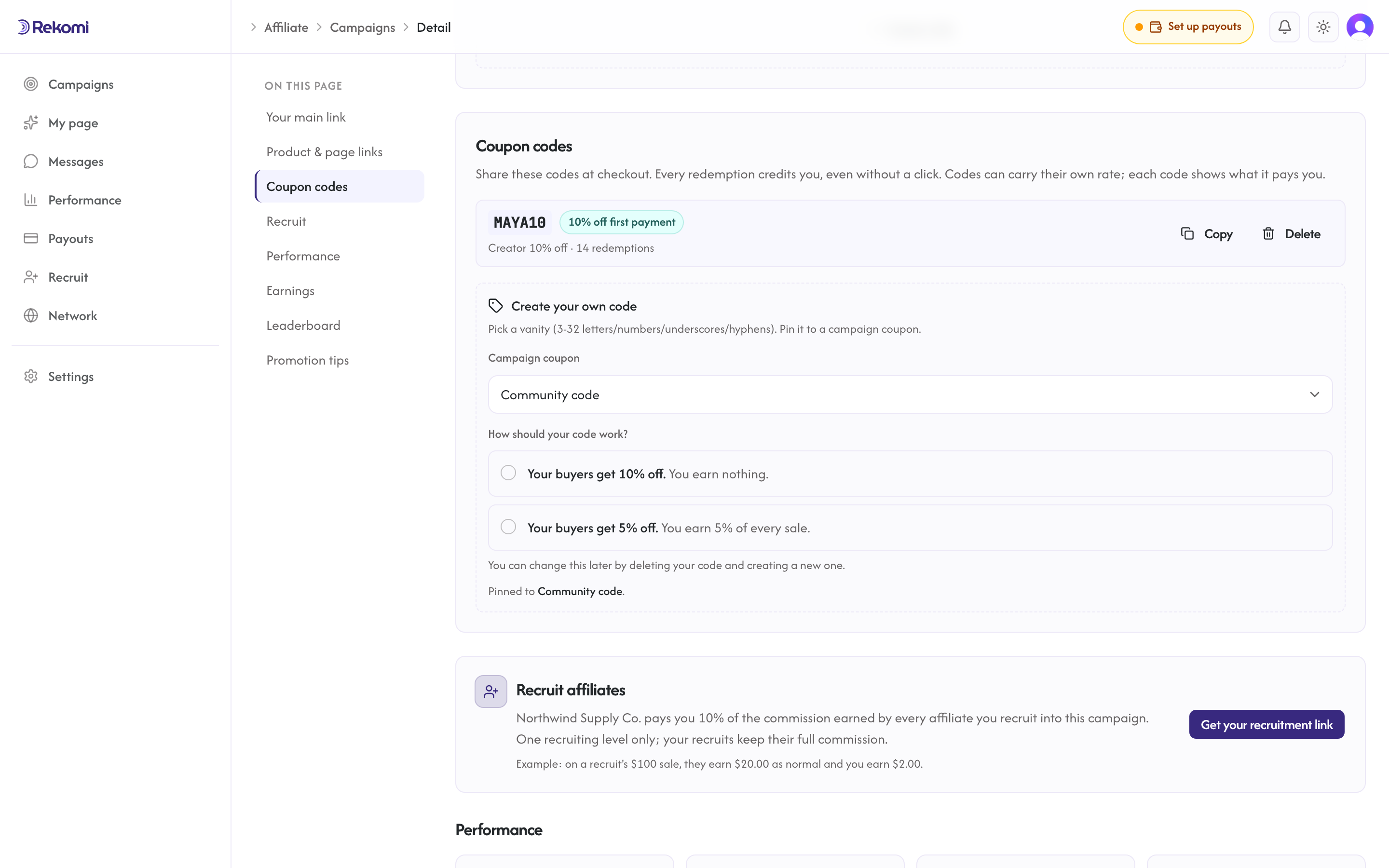 The affiliate mint flow showing the how-should-your-code-work choice cards