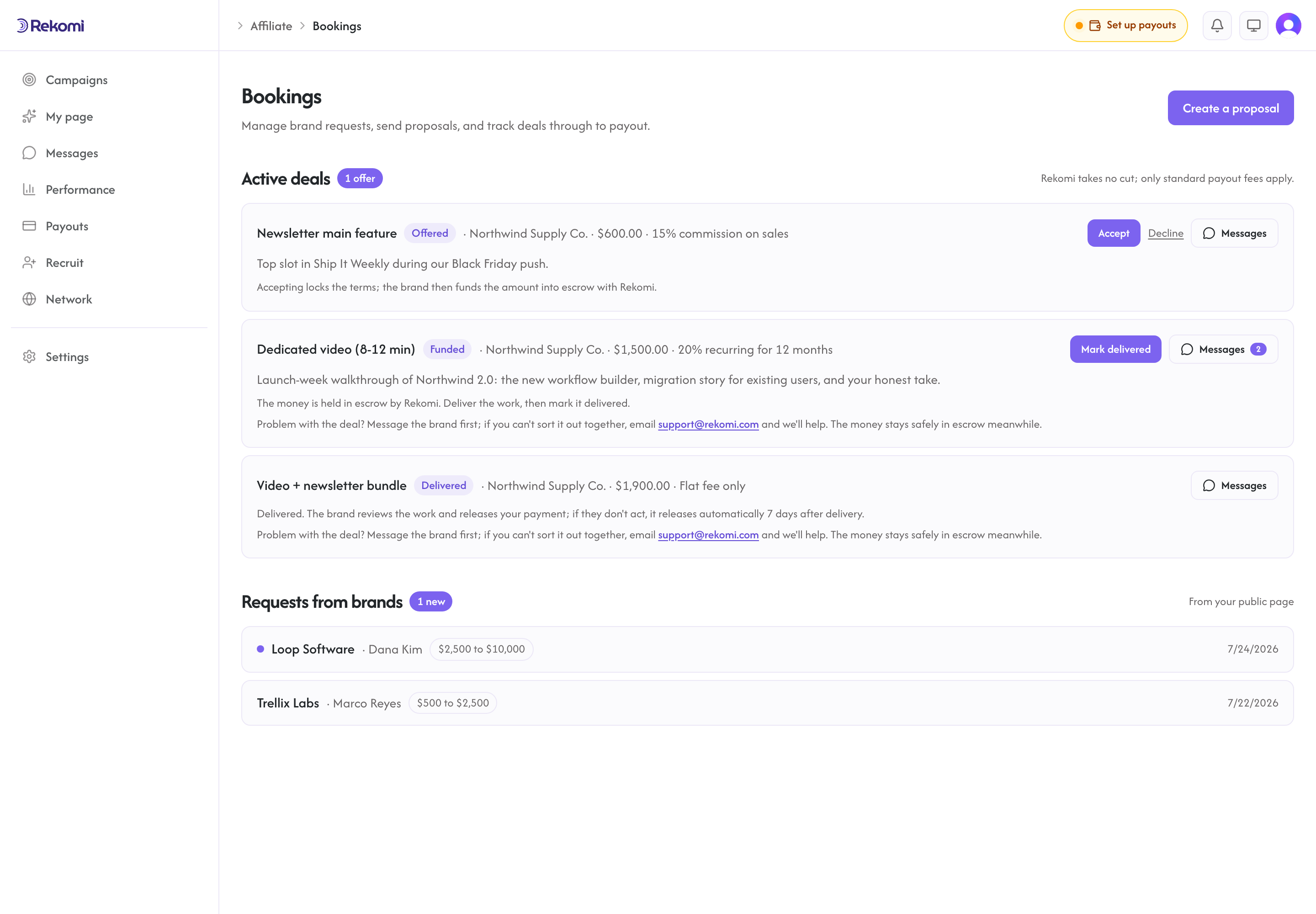 Bookings with active deals, an offer to accept, and requests from brands