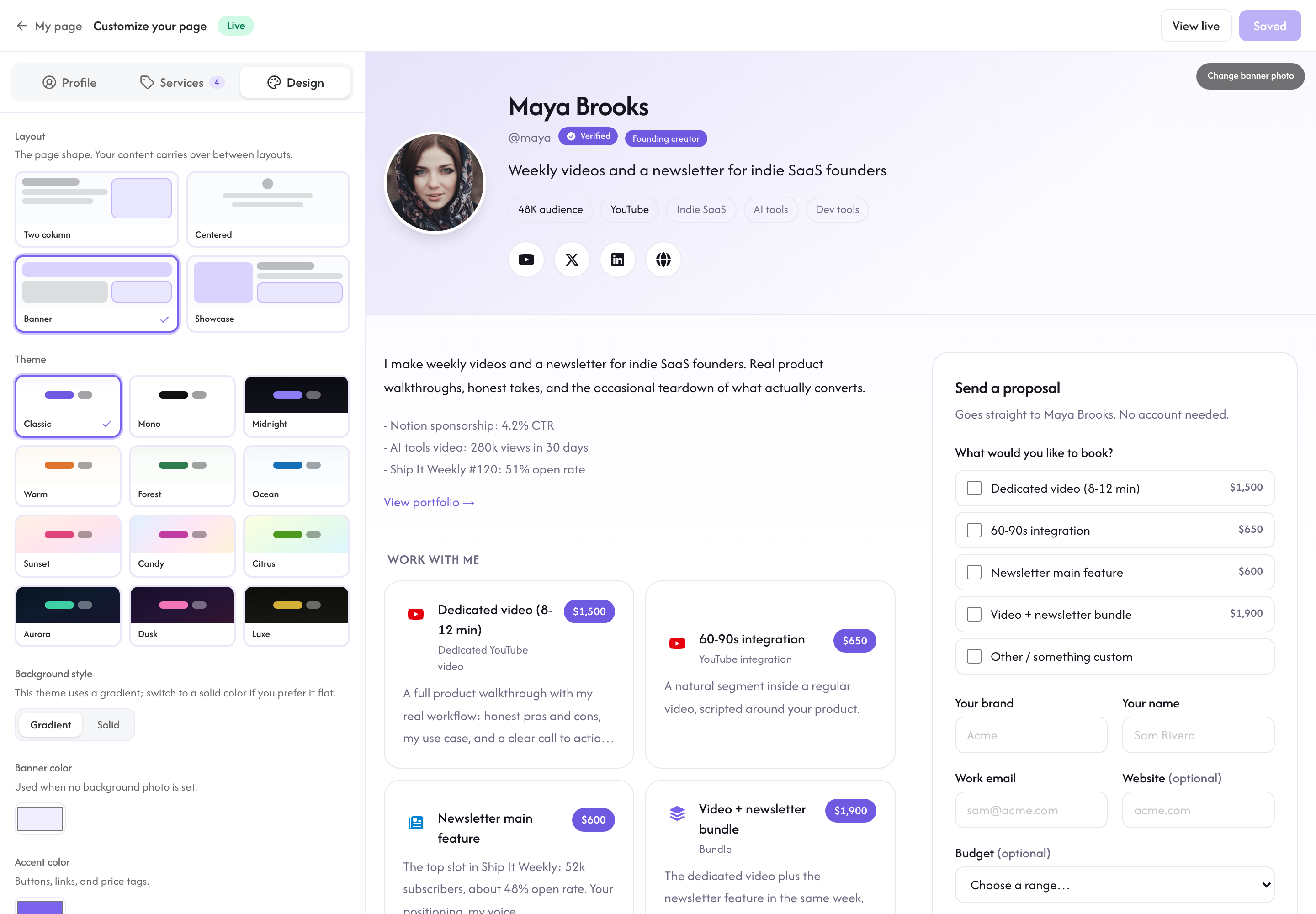 The Design tab with layouts, the 12 themes, background style, and colors