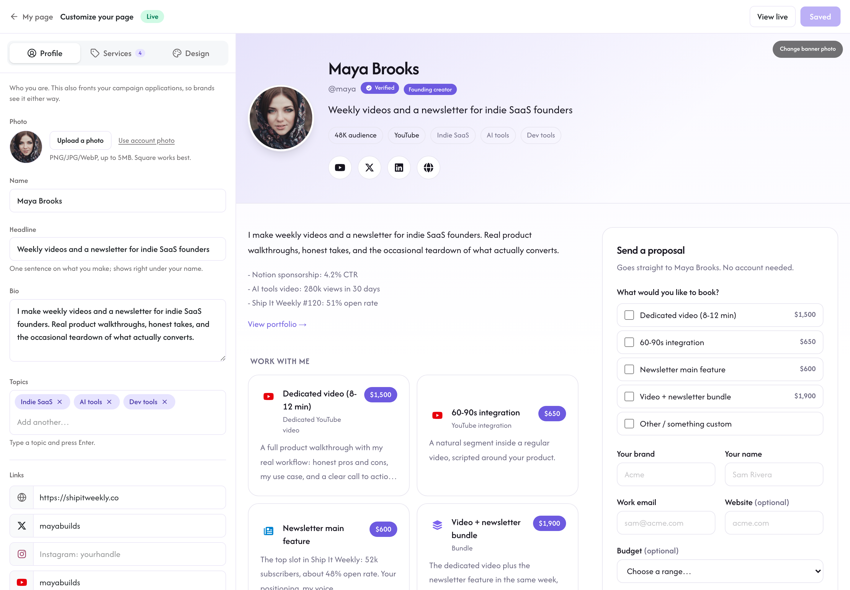 The page builder with the Profile tab open and the live preview on the right