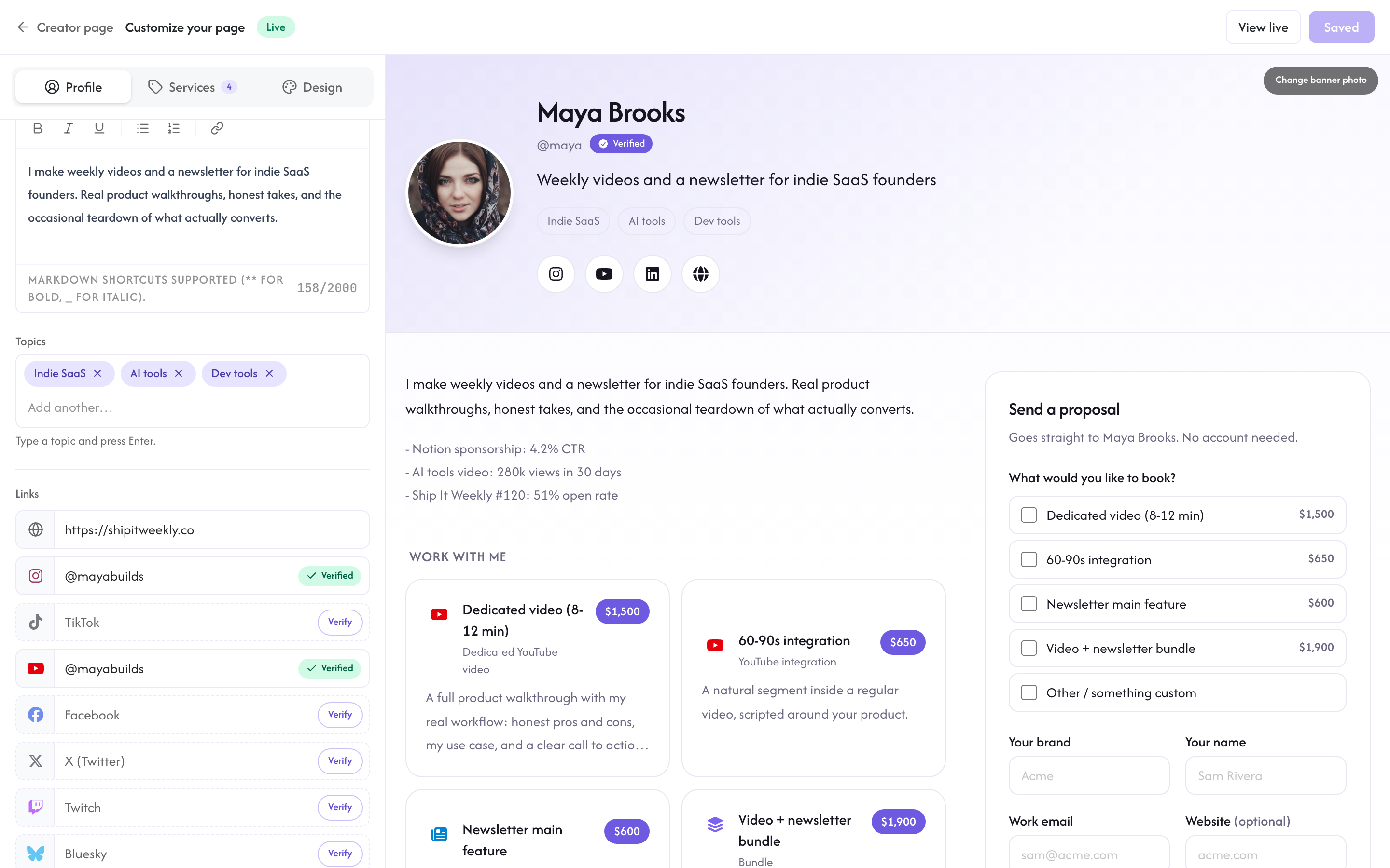 The page builder with the Profile tab open and the live preview on the right