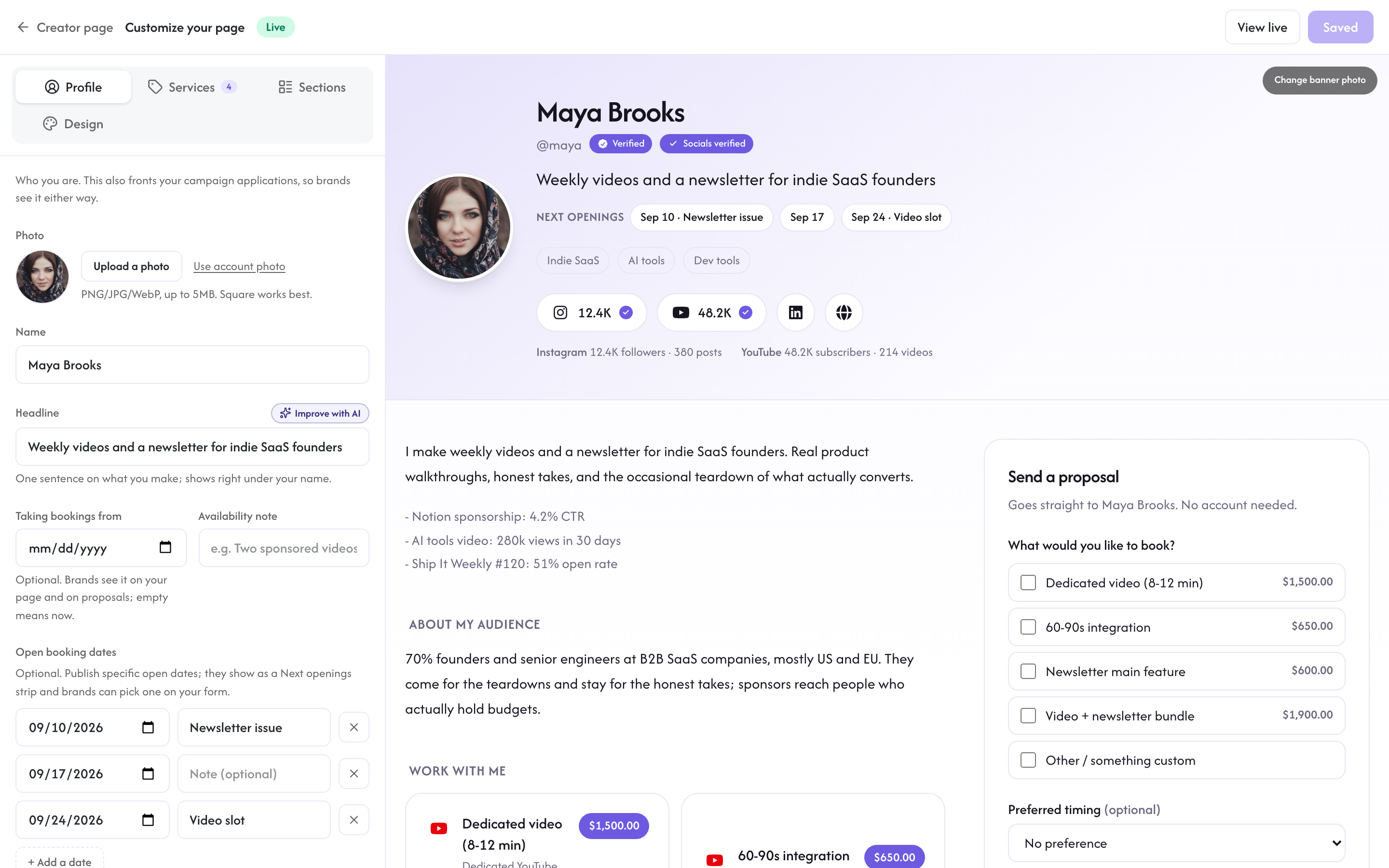 The page builder with the Profile tab open and the live preview on the right