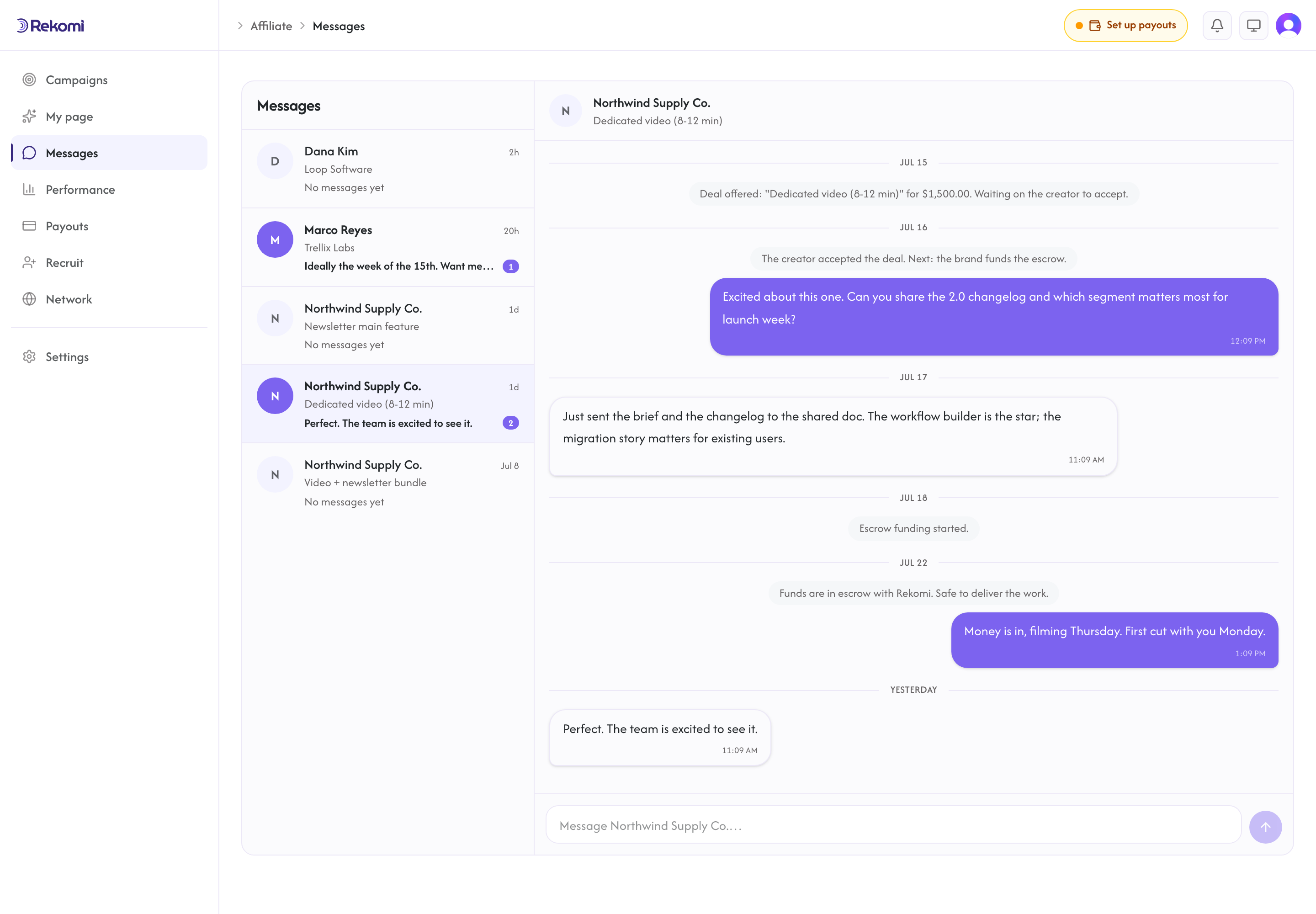 The messages inbox with a deal thread: system notes for escrow events and live chat
