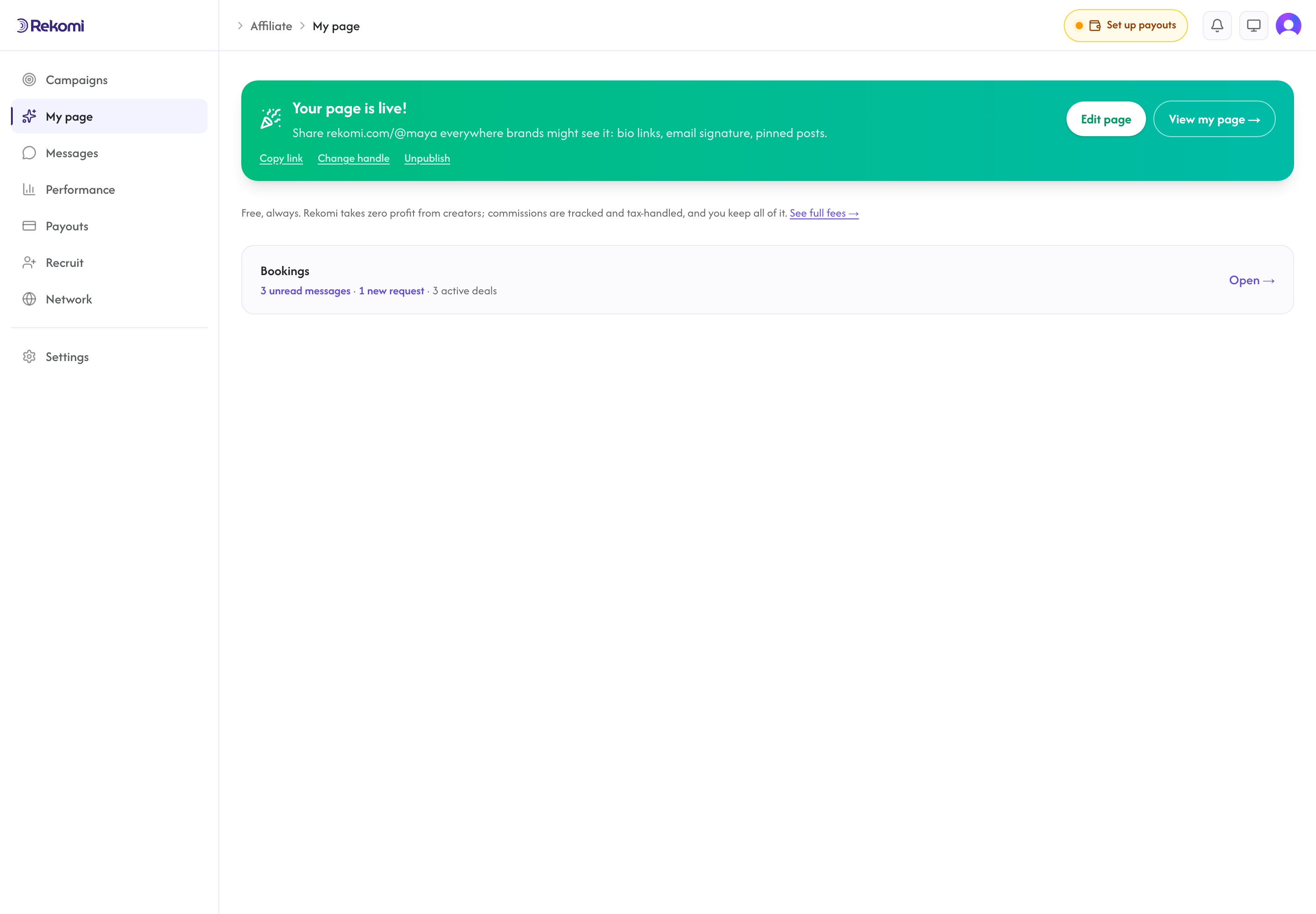 My page after publishing: the live banner with your URL and the Bookings doorway