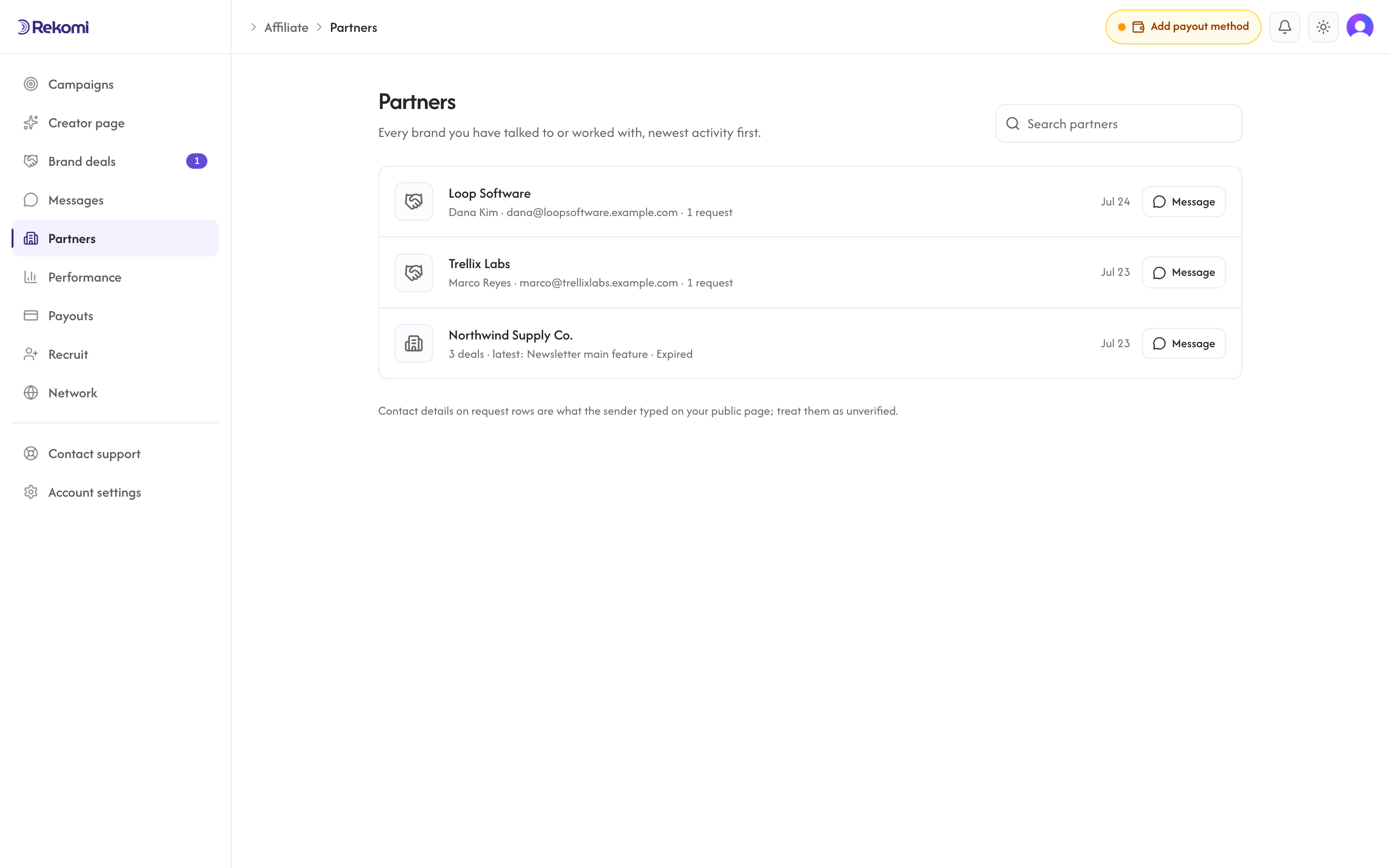 The Partners list with brand rows, deal and request counts, and Message buttons