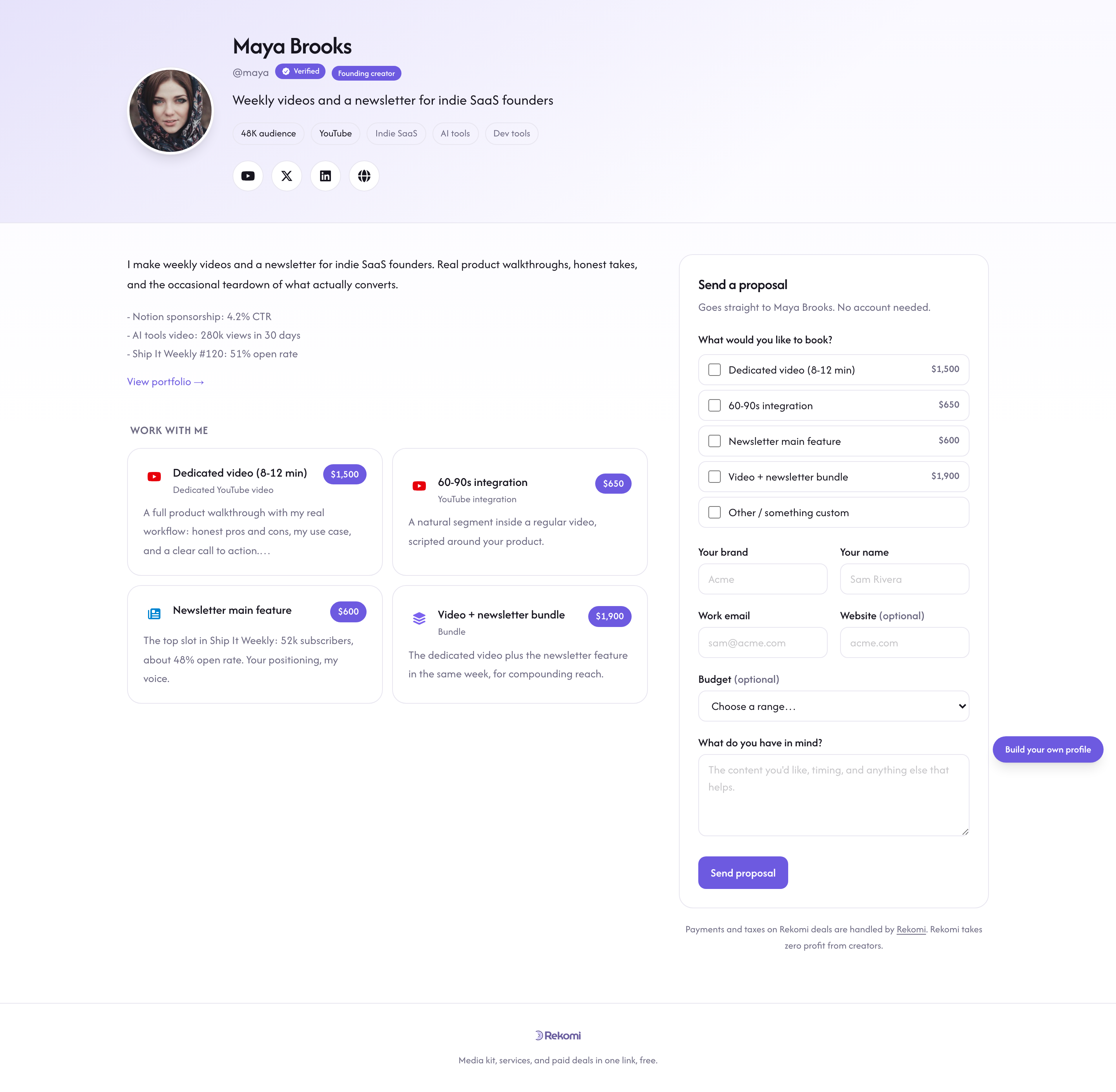 A live creator page with the Verified badge, services with prices, and the work with me form
