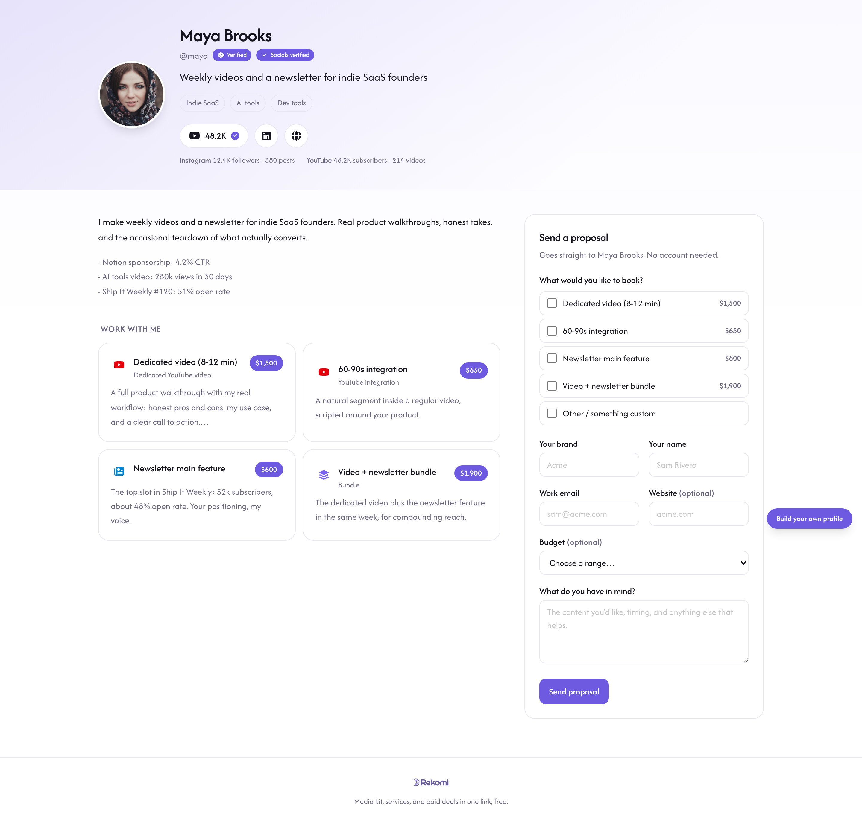 A live creator page with the Verified and Socials verified badges, verified follower counts, services with prices, and the work with me form