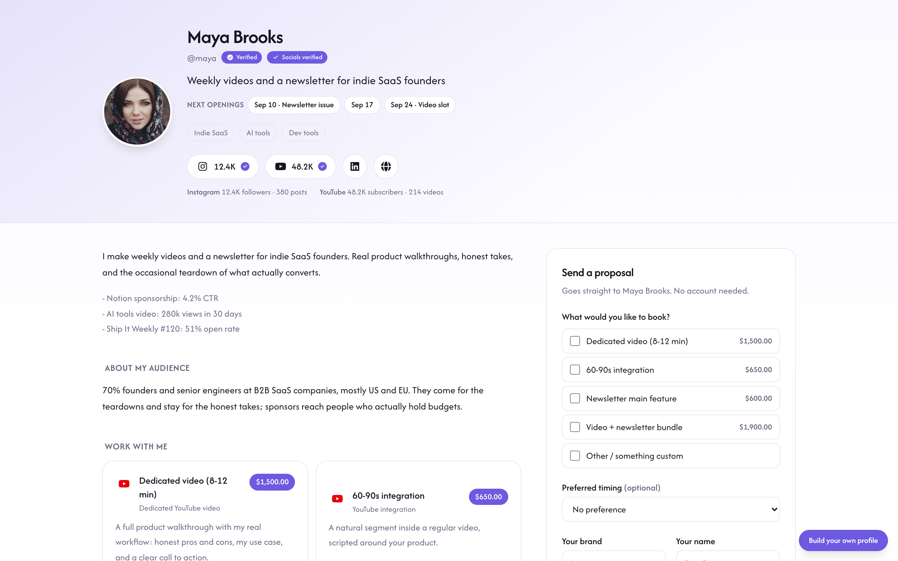 A live creator page with the Verified badges, verified follower counts, the Next openings strip, services with prices, and the work with me form