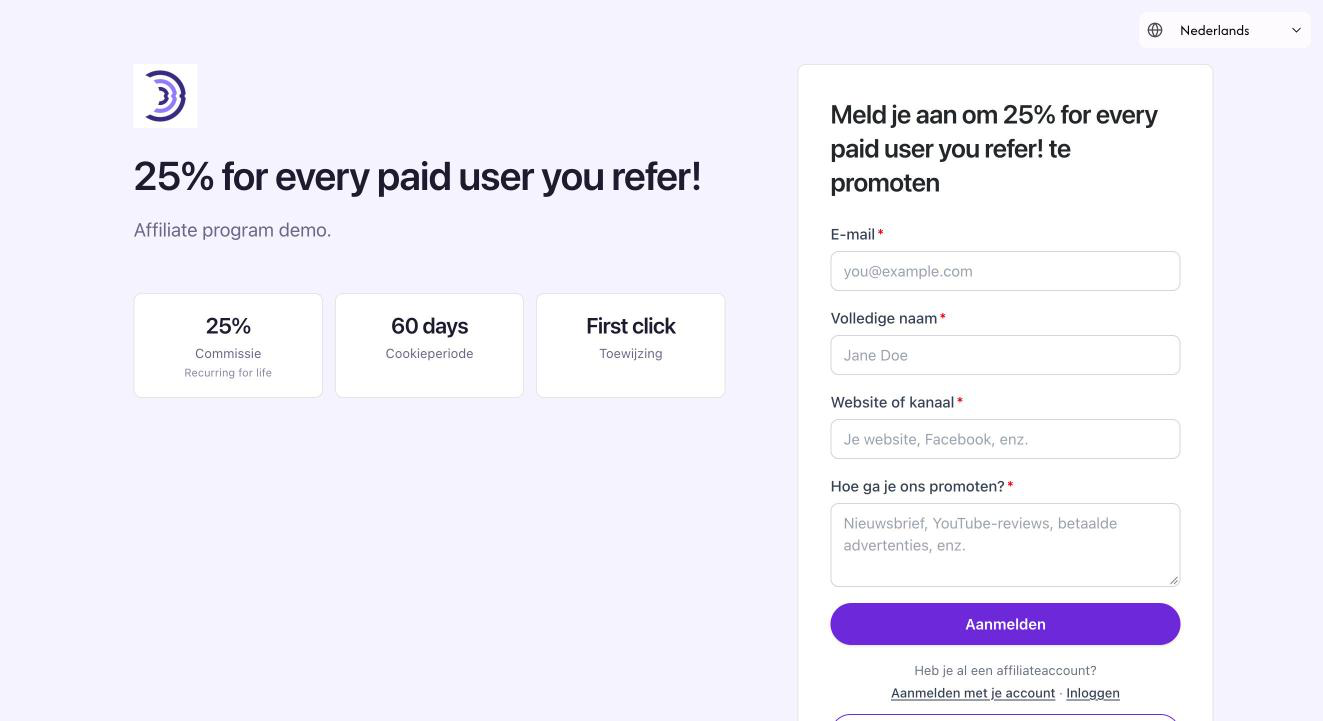 A brand's signup page in Dutch with the language switcher at the top right