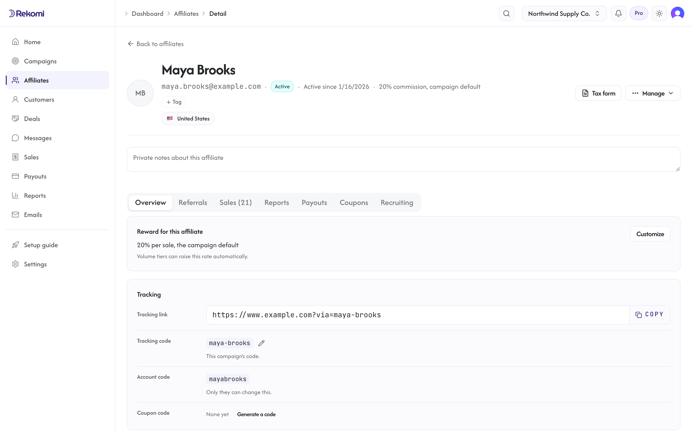 The affiliate detail page on the Payouts tab, with unpaid and paid totals, due commissions, and payout history