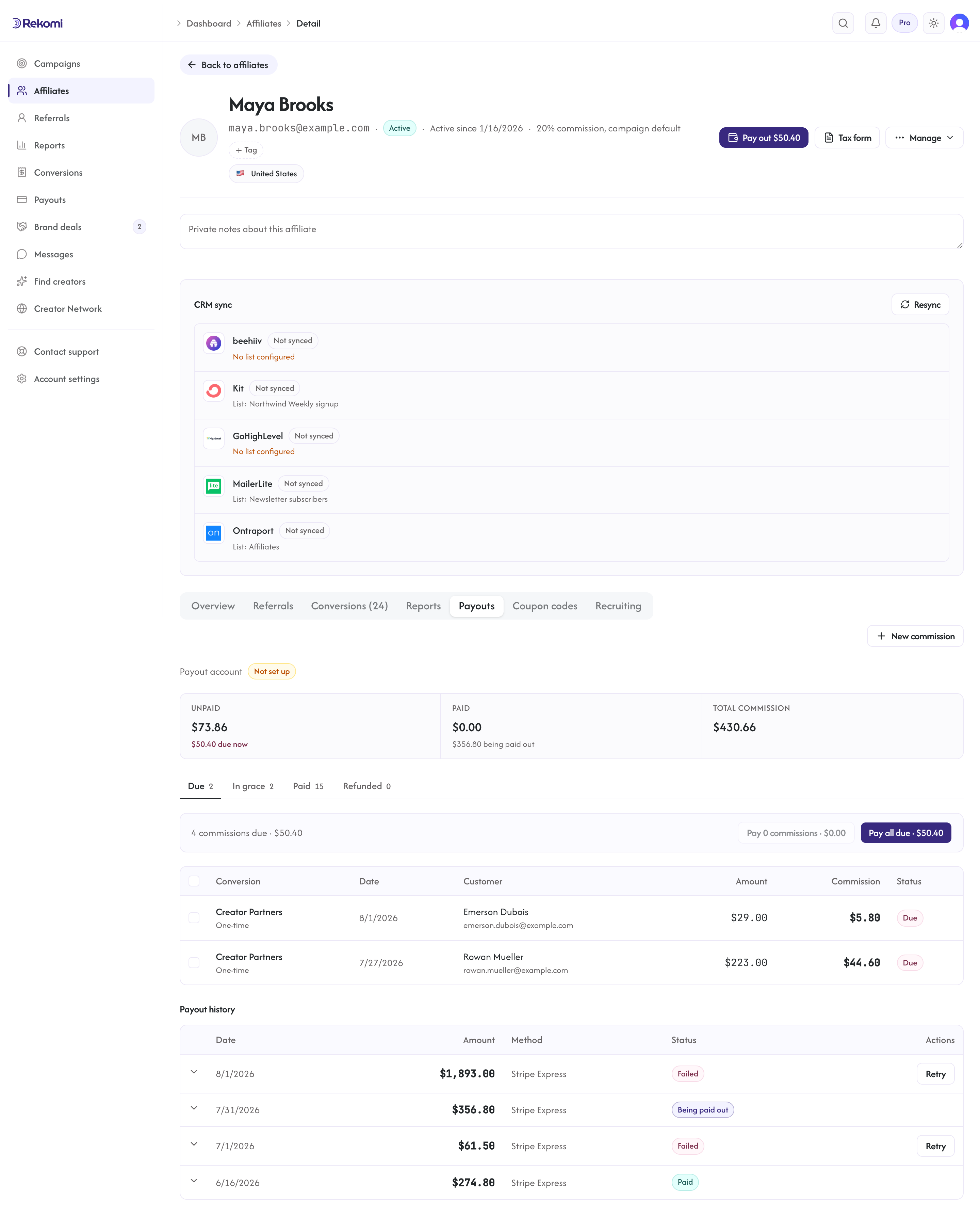 The affiliate detail page on the Payouts tab, with unpaid and paid totals, due commissions, and payout history