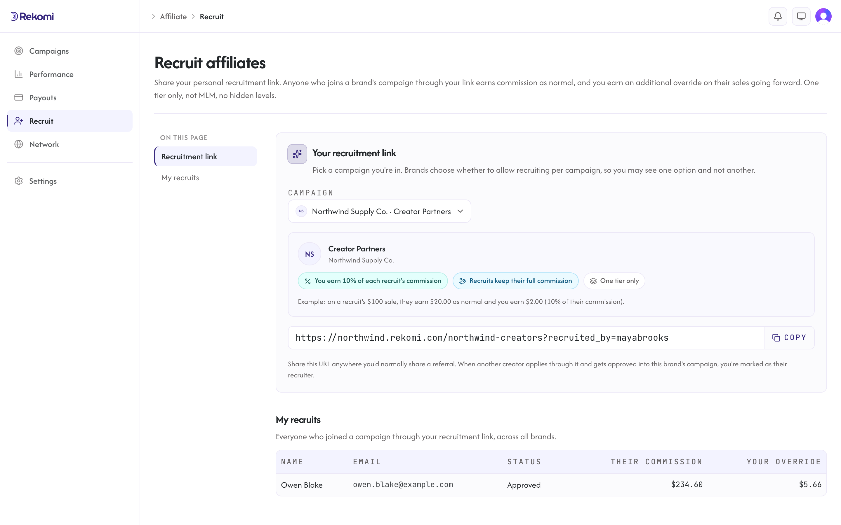 The affiliate-side recruit hub with the campaign picker, override terms, and personal link