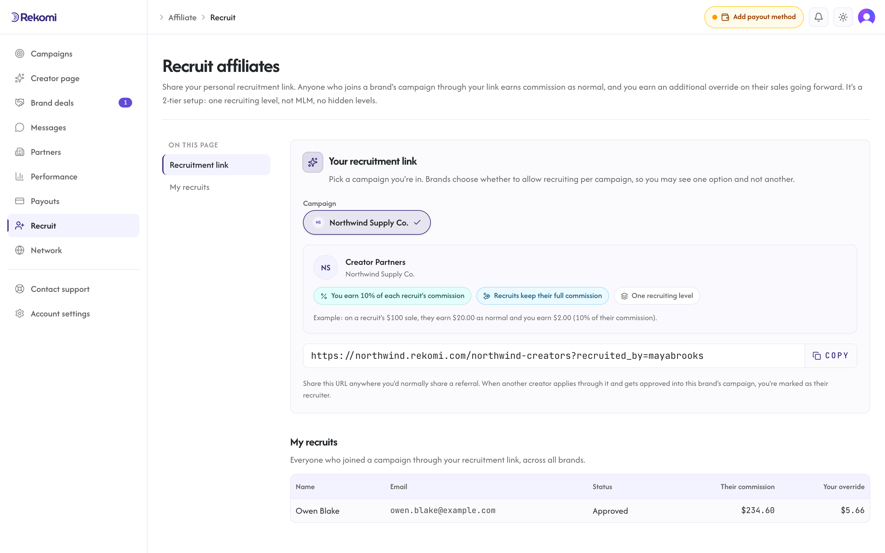 The affiliate-side recruit hub with the campaign picker, override terms, and personal link