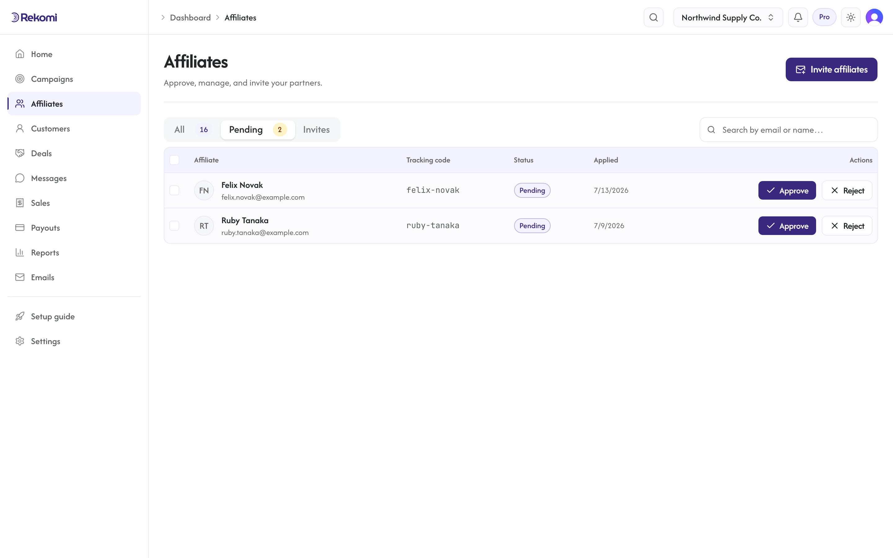 The Pending tab with two applications and Approve and Reject actions on each row