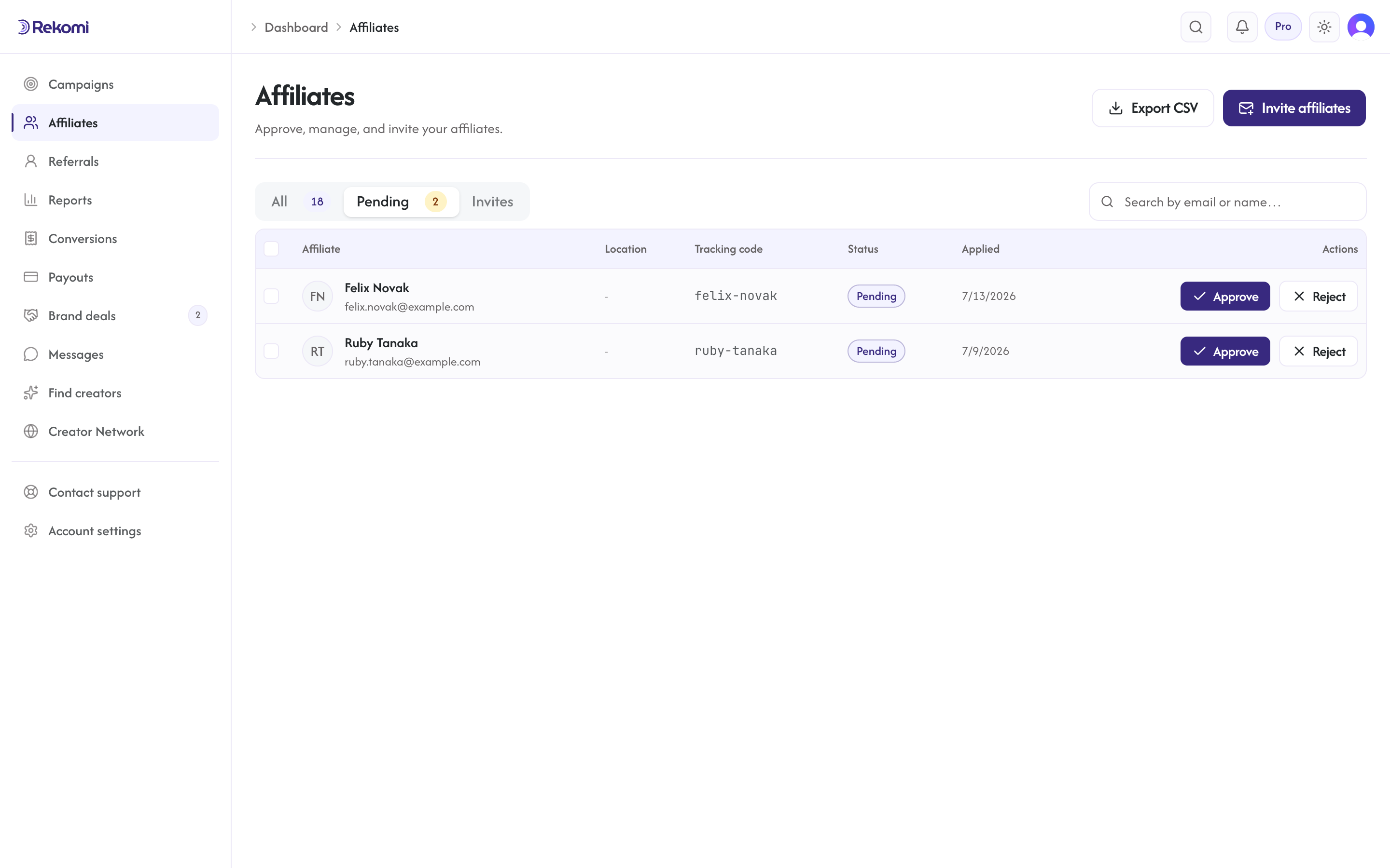The Pending tab with two applications and Approve and Reject actions on each row