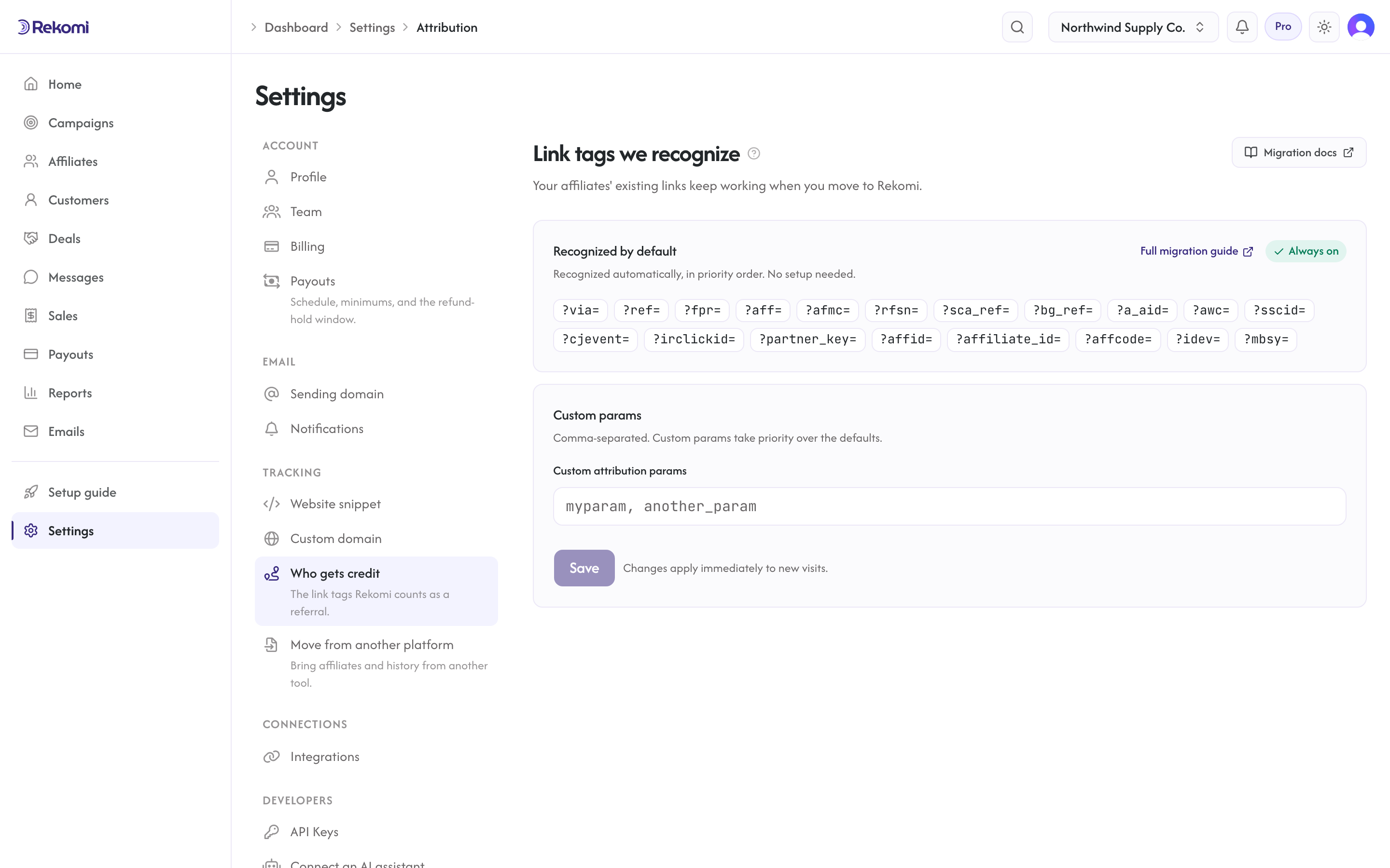 The Attribution settings page listing the 19 recognized affiliate-link params and custom param configuration
