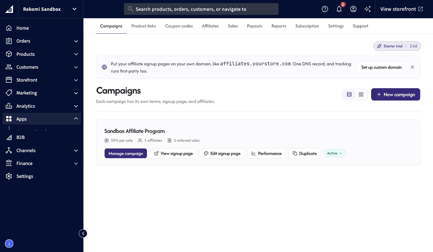 Rekomi running inside the BigCommerce control panel