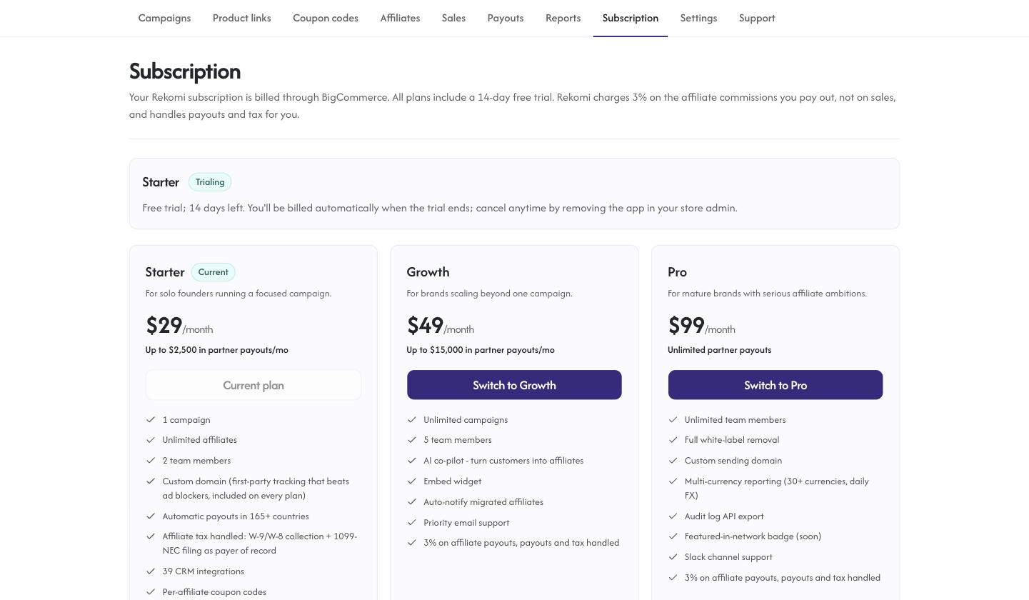 Plans and the free trial on the Subscription tab