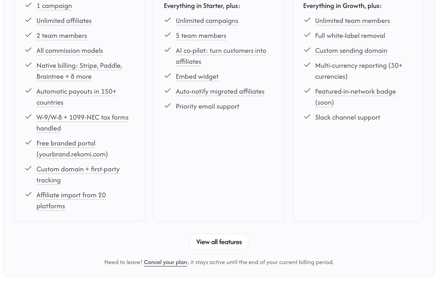 The cancel link below the plan cards on the billing page