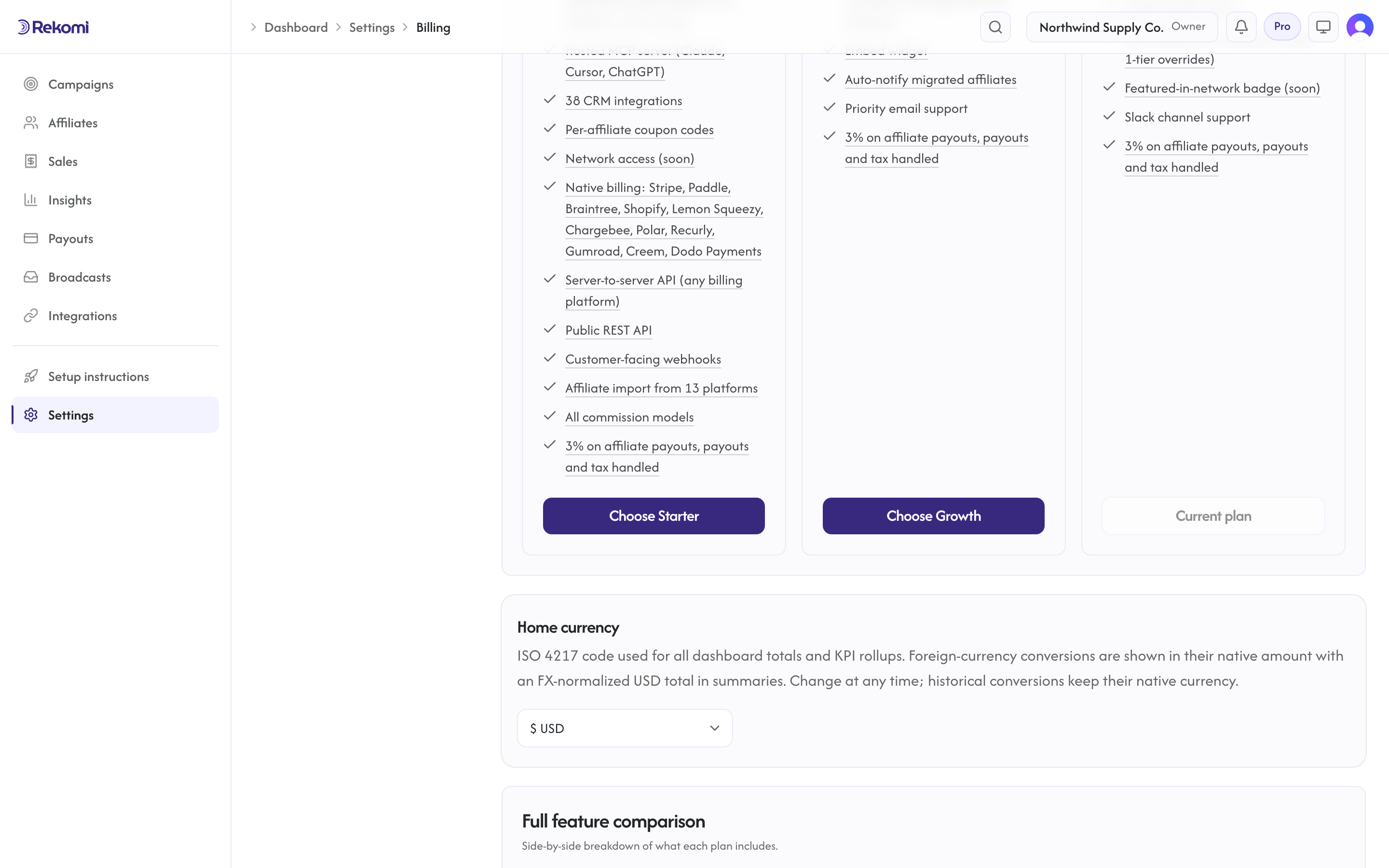 The Home currency card in billing settings