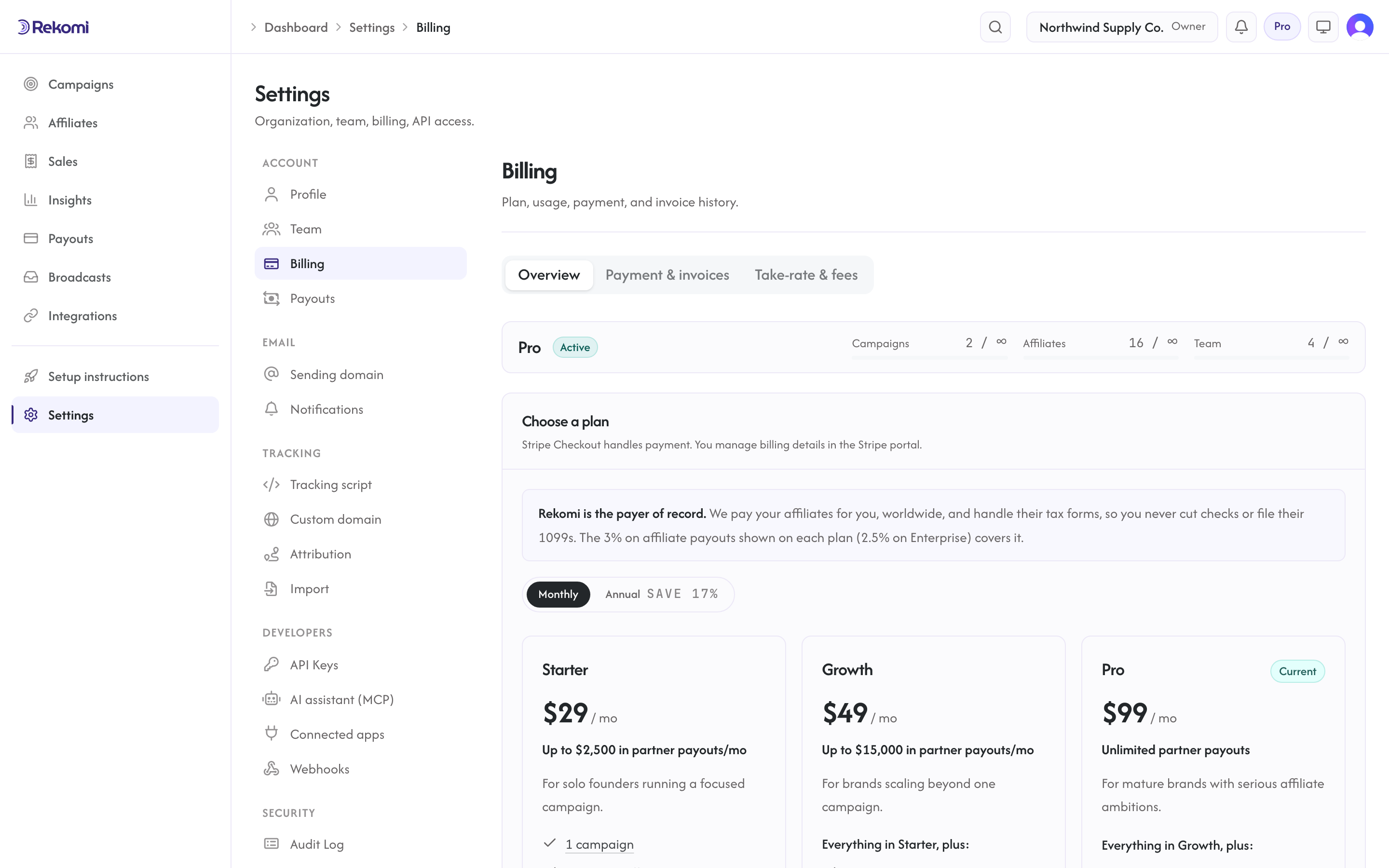 The billing settings overview showing the current plan and usage