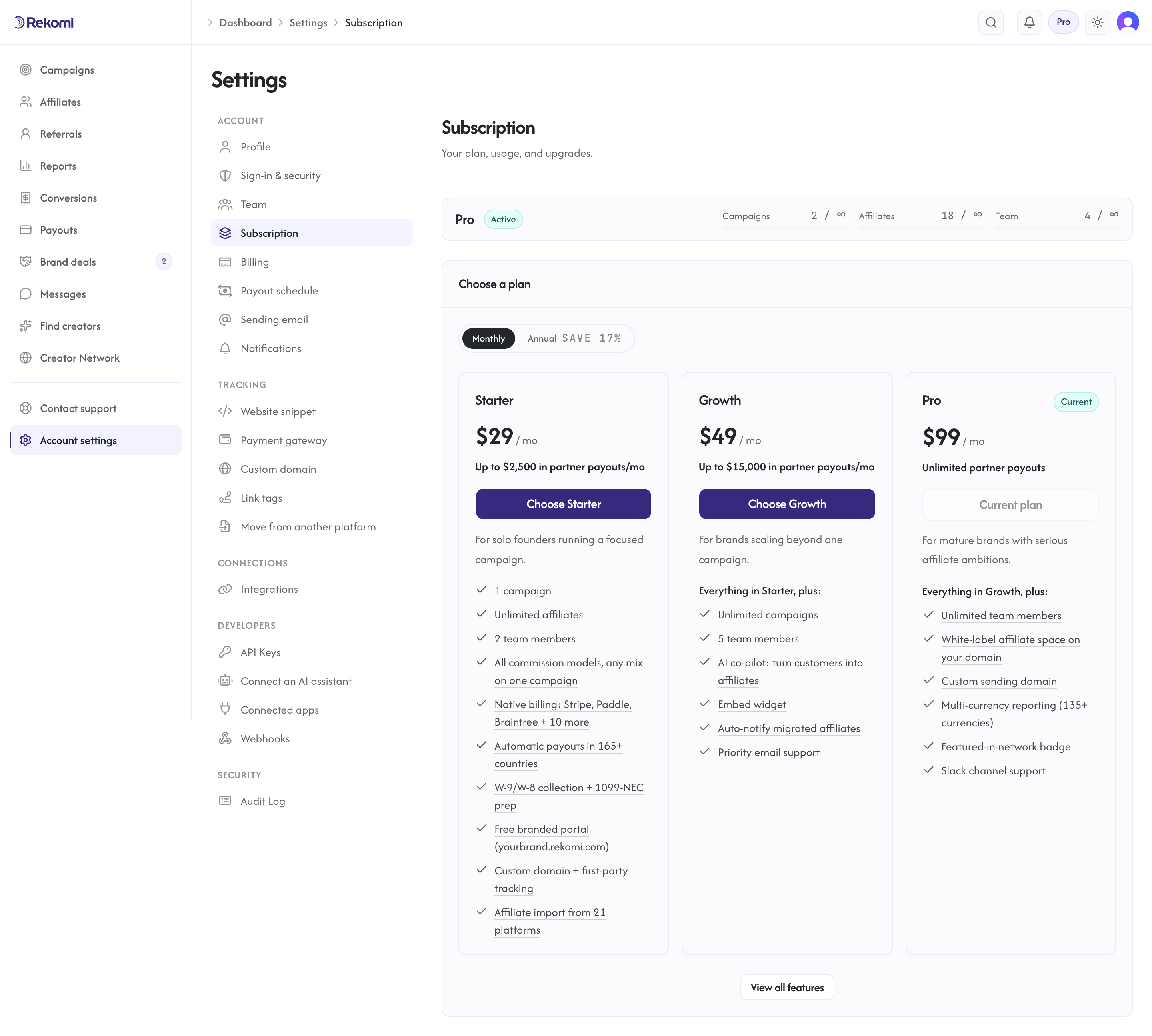 The billing settings overview showing the current plan and usage