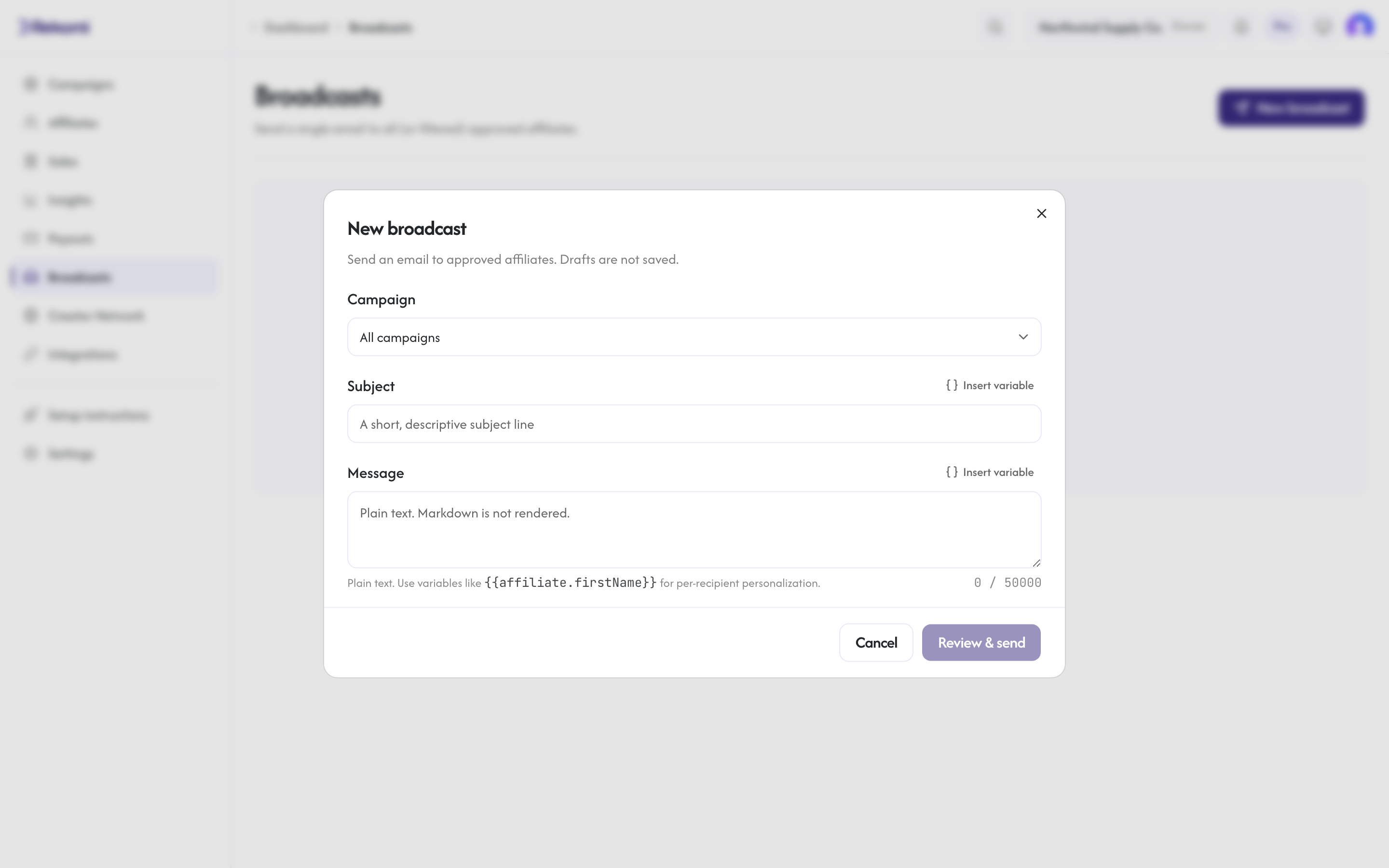 The broadcast composer with subject, body, and campaign scope fields