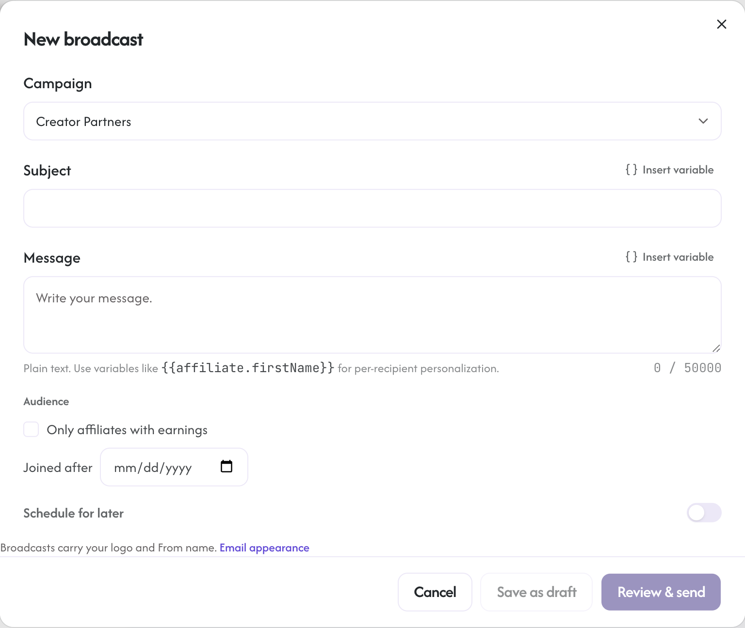 The broadcast composer with subject, body, and campaign scope fields