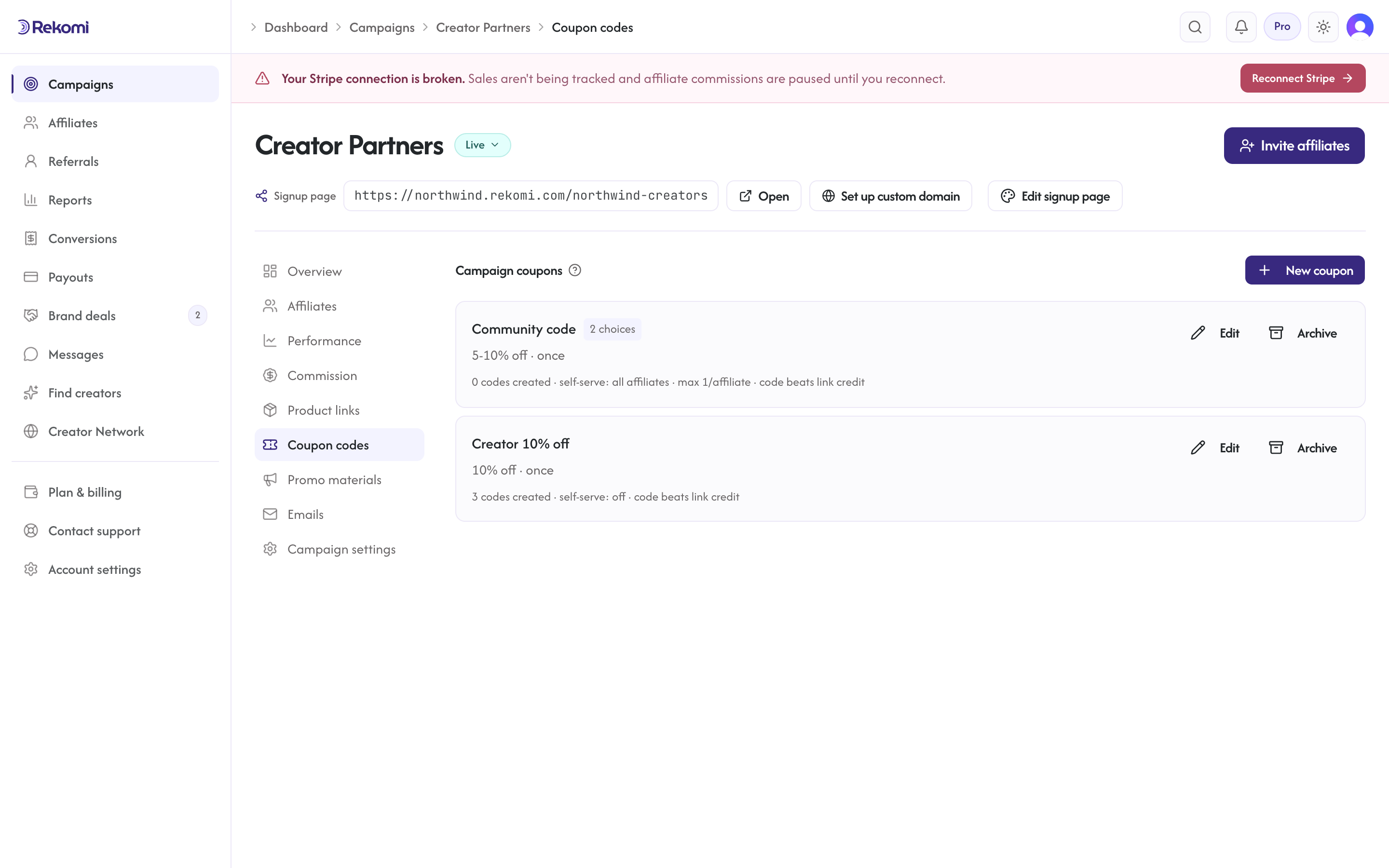 The campaign Coupons tab with a campaign coupon showing codes minted, self-serve mode, and click-override state