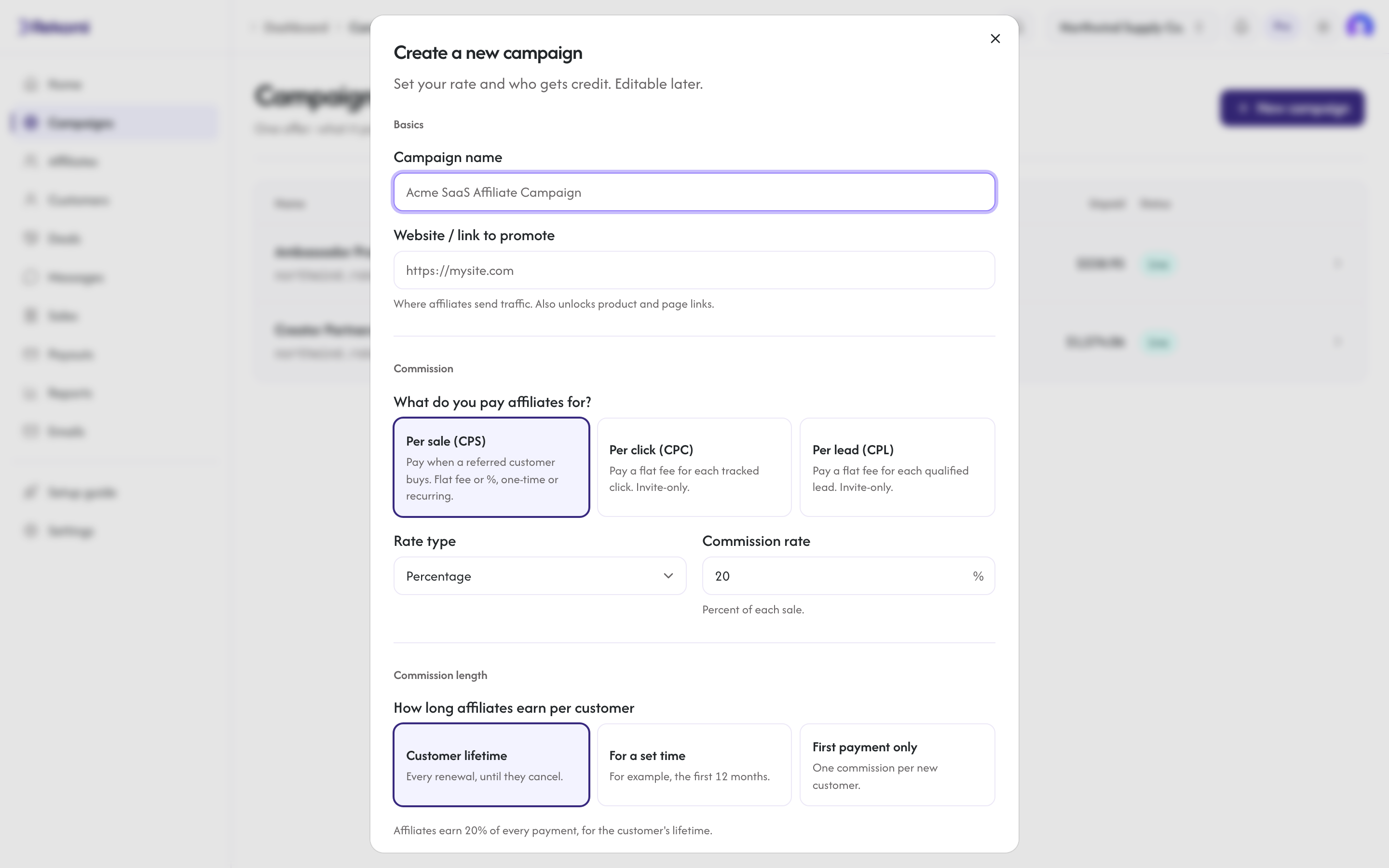 The create-campaign dialog with name, public URL slug, destination link, and the commission model picker