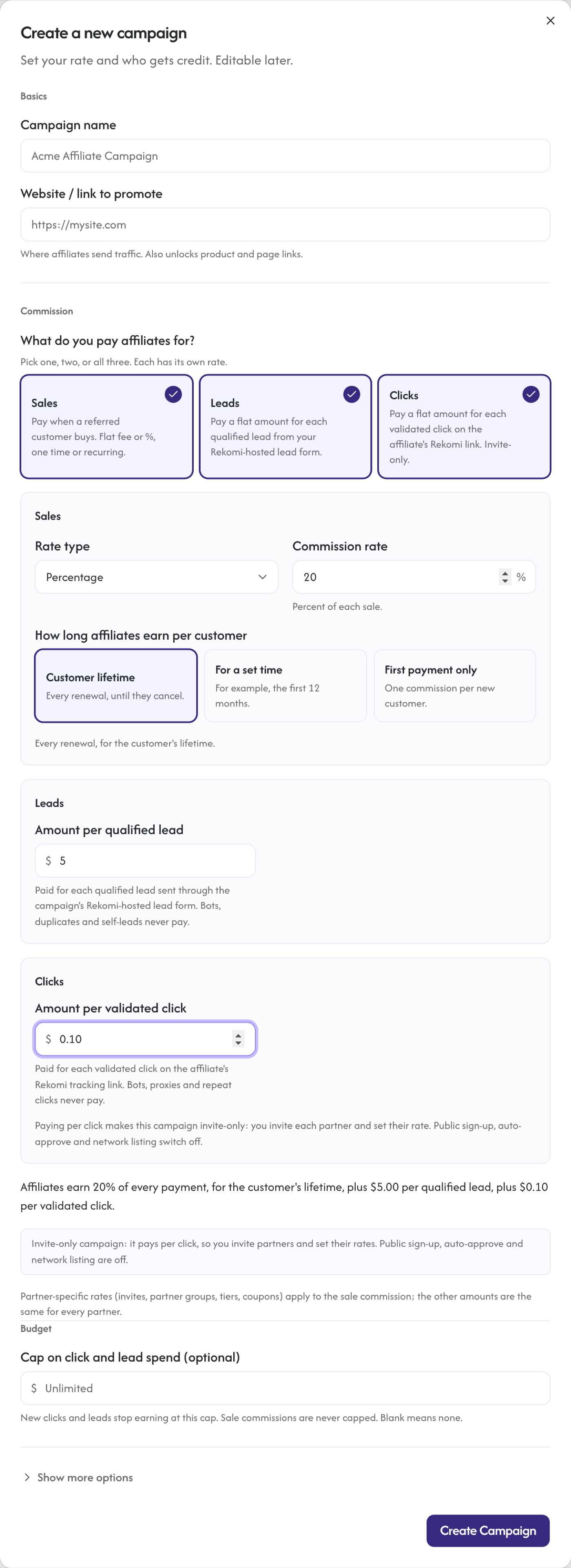 The create-campaign dialog with the Sales, Leads and Clicks cards all selected, one rate block per leg, the deal read back in one sentence, and the invite-only notice