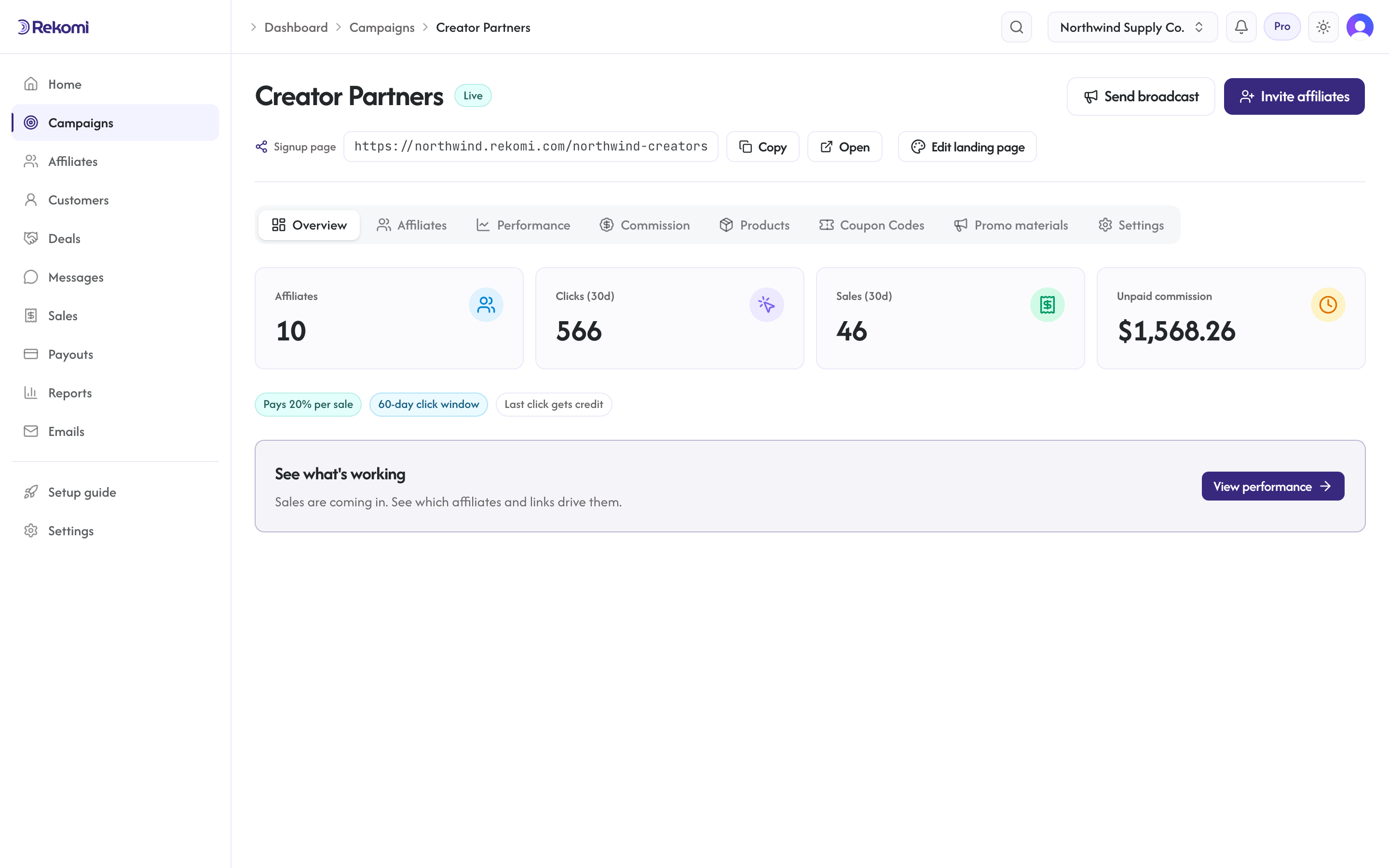 The campaign detail page with the signup page link and Edit landing page button in the header, the tab bar, and the campaign KPI cards