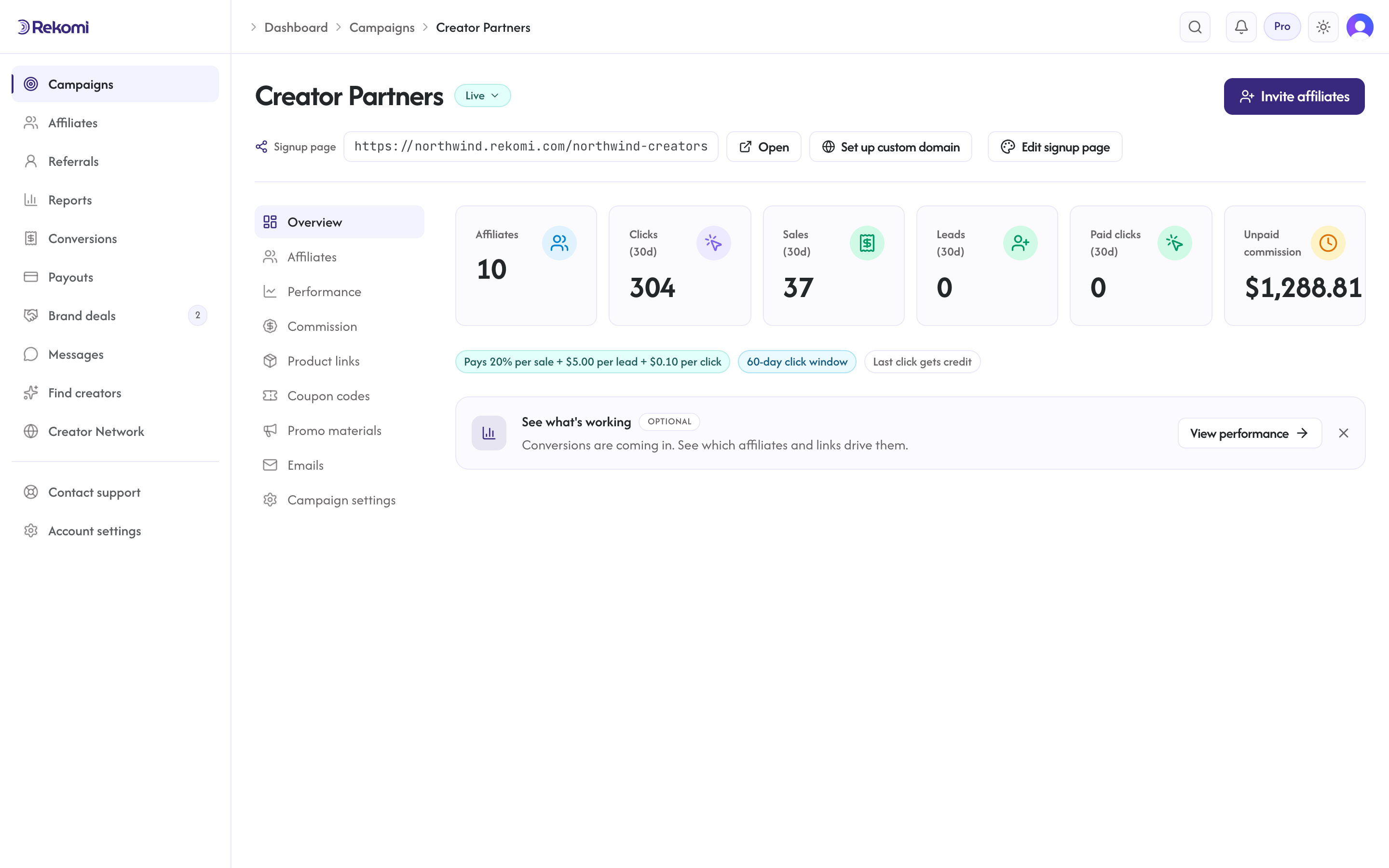 The campaign detail page with the signup page link and Edit signup page button in the header, the tab bar, and the campaign KPI cards