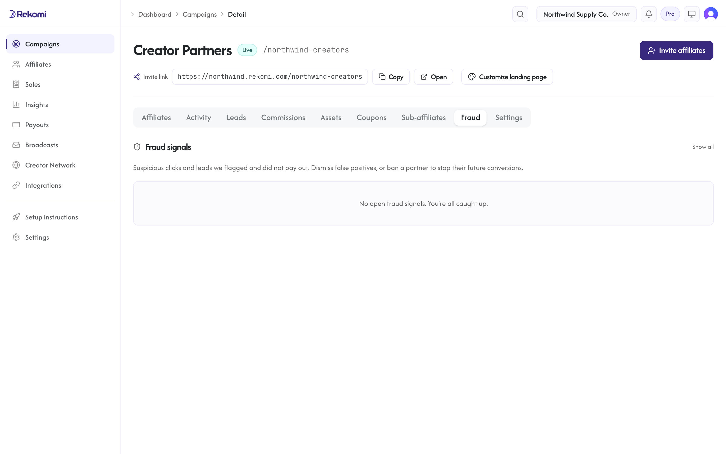 The campaign Fraud tab where flagged clicks and leads are held for review