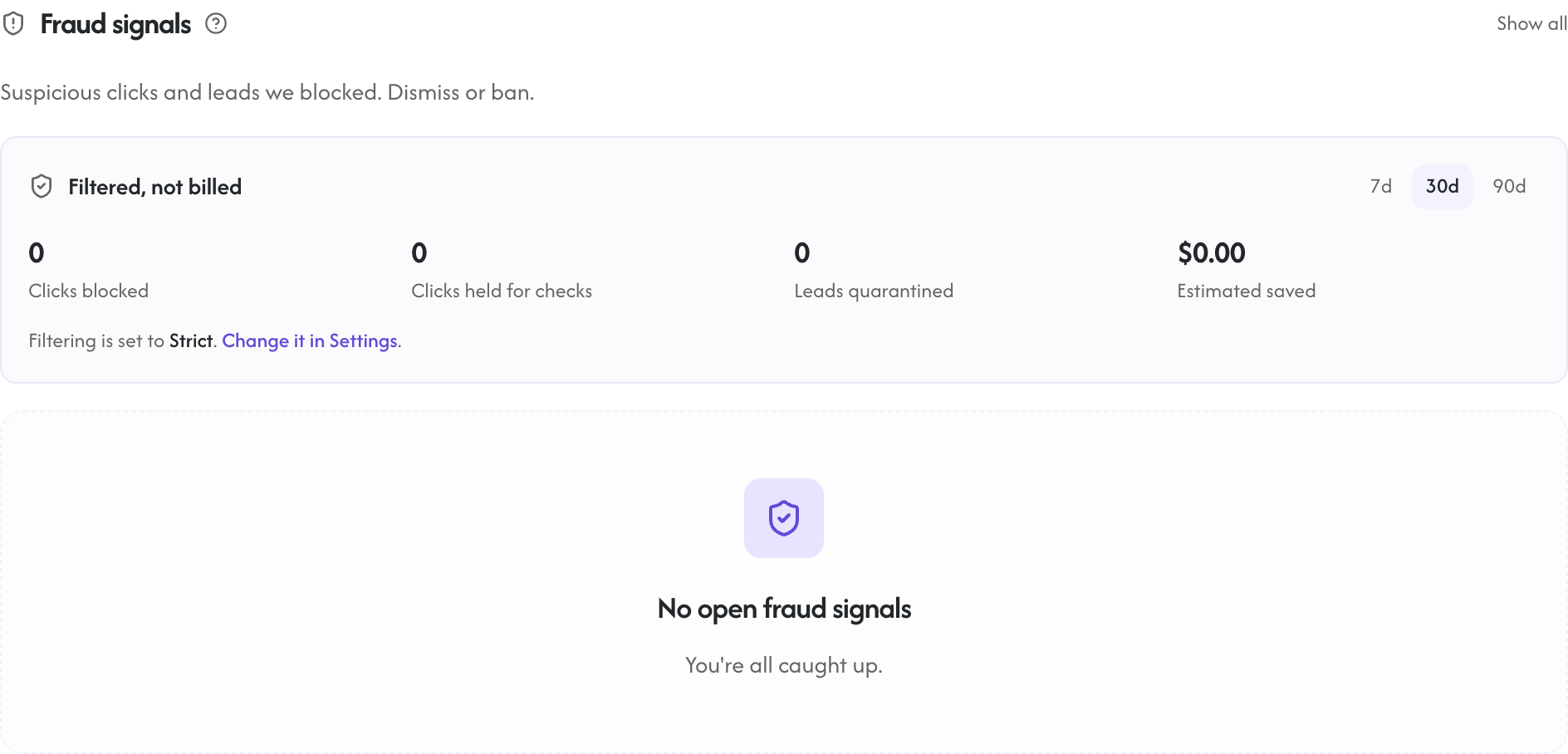 The campaign Performance tab's Fraud section where flagged clicks and leads are held for review