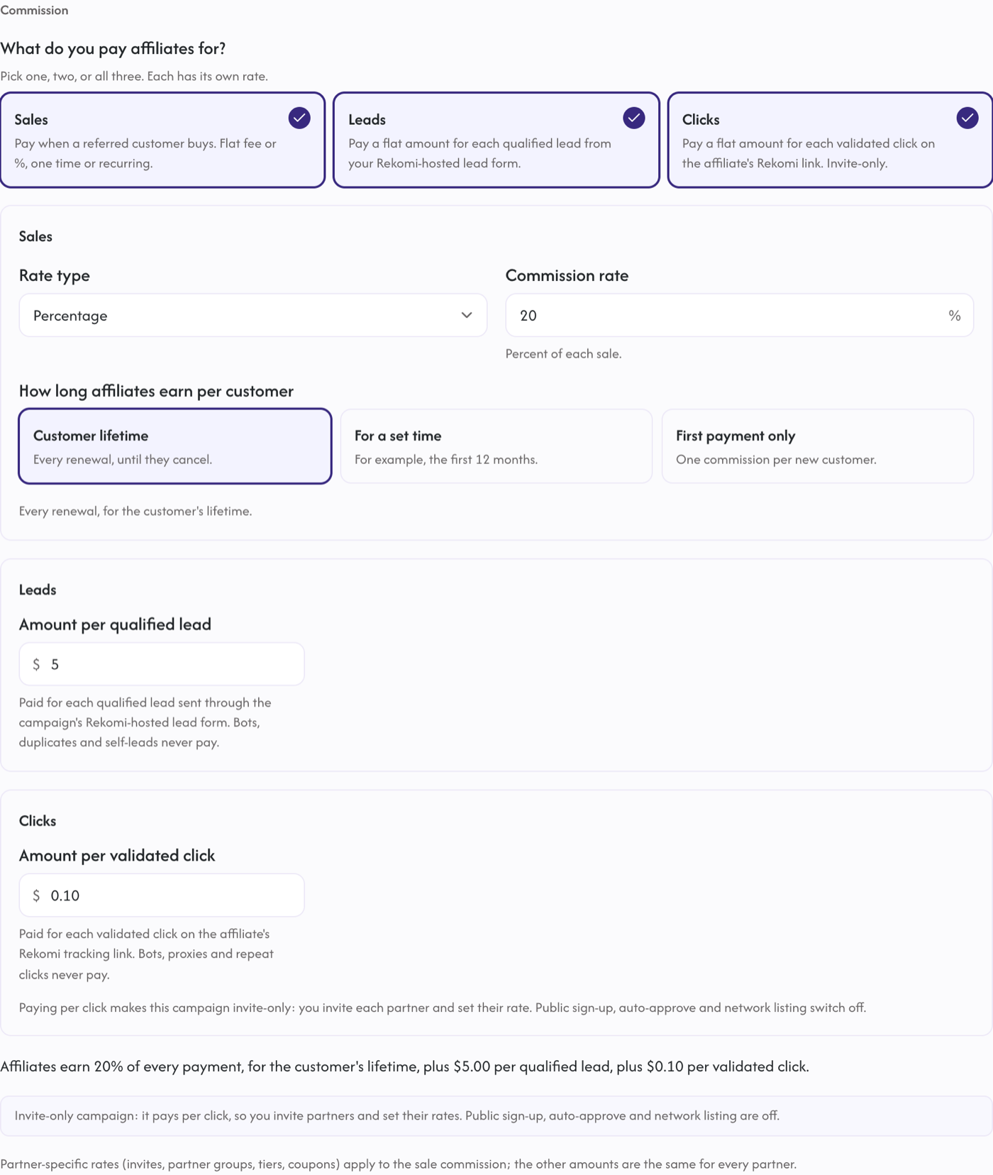 The Commission section of campaign settings with the three payout legs selected and a rate block for each