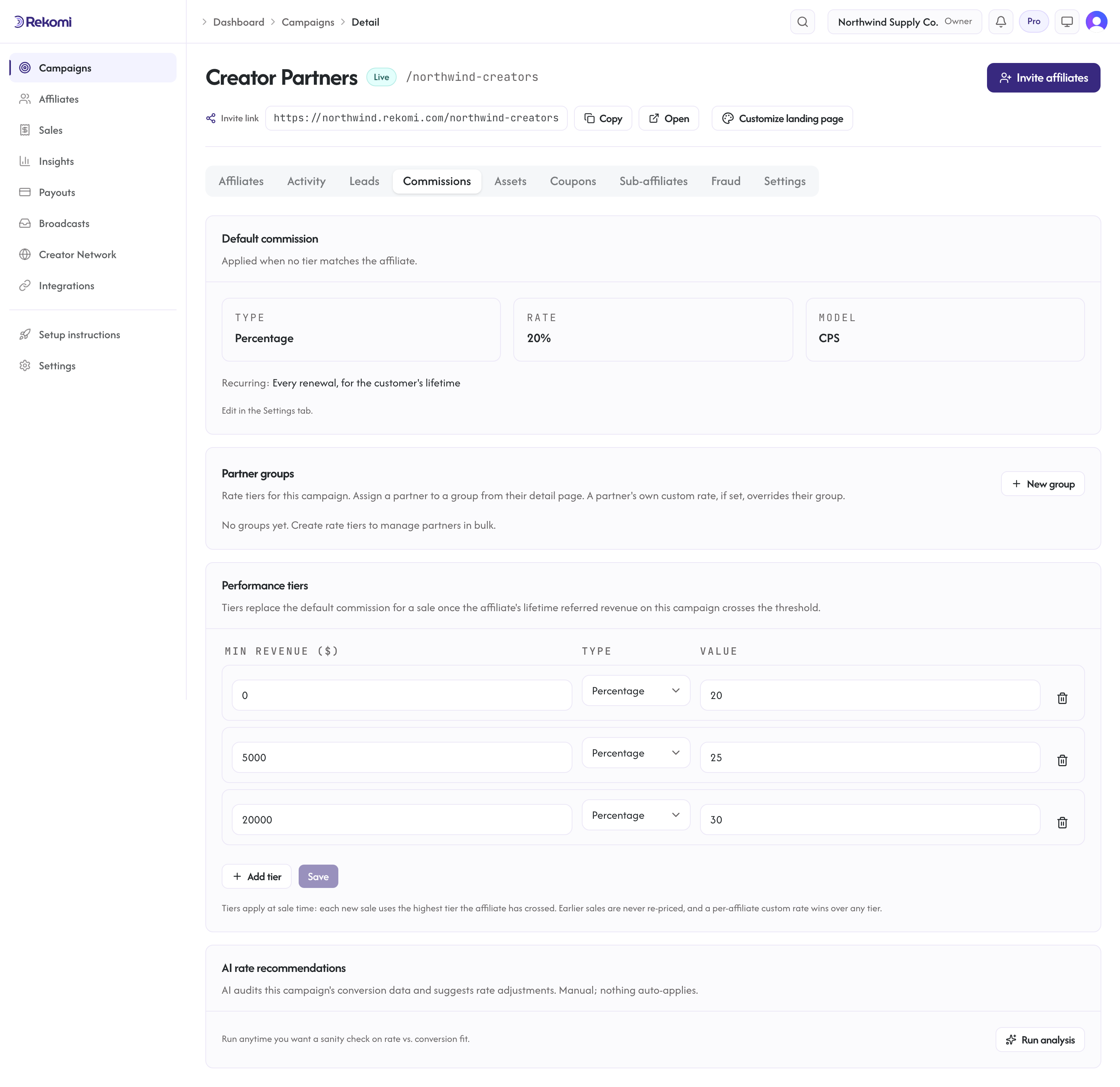 The campaign Commissions tab, where the default rate and partner groups are configured