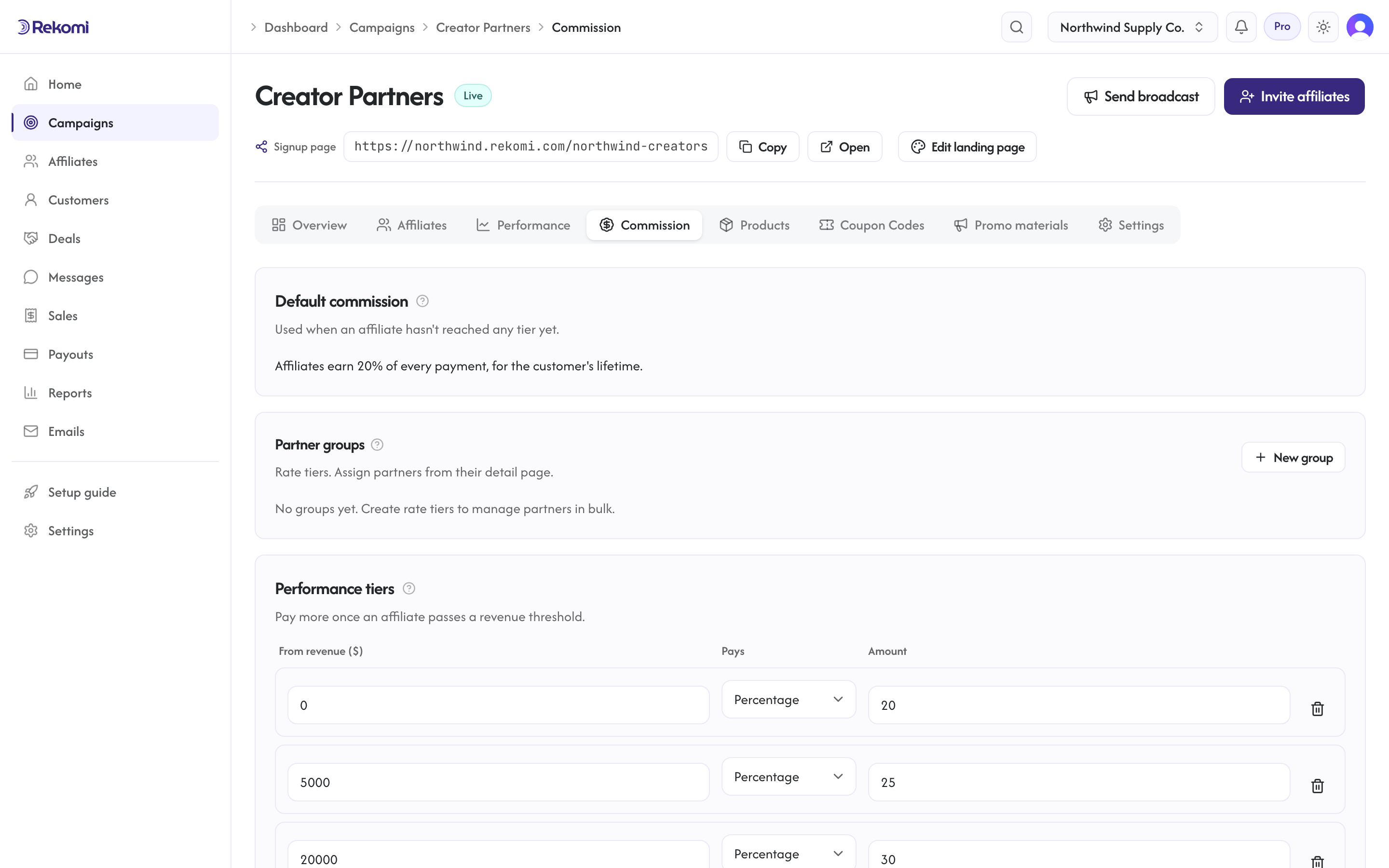 The Commission tab with the performance tier editor showing three revenue thresholds and rates