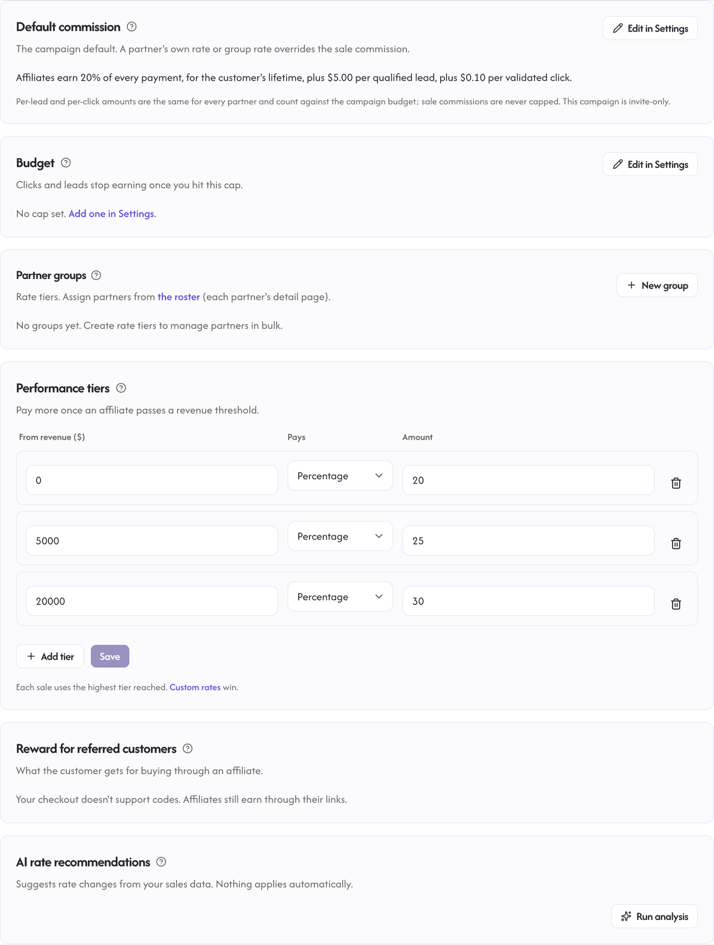 The campaign Commission tab; the AI rate recommendations panel is at the bottom