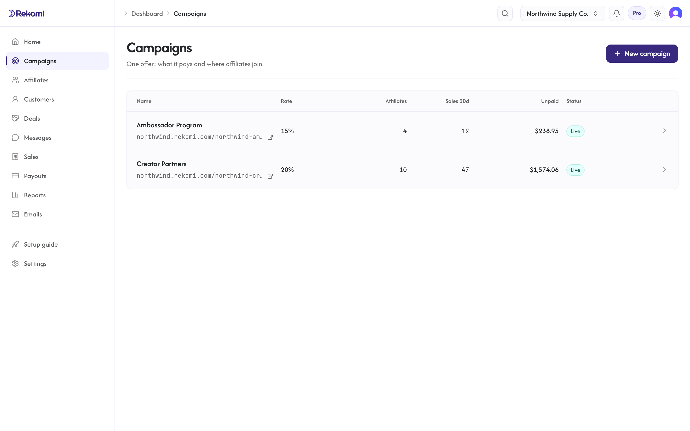 The Campaigns page listing two campaigns with rate, affiliates, clicks, sales, and status columns