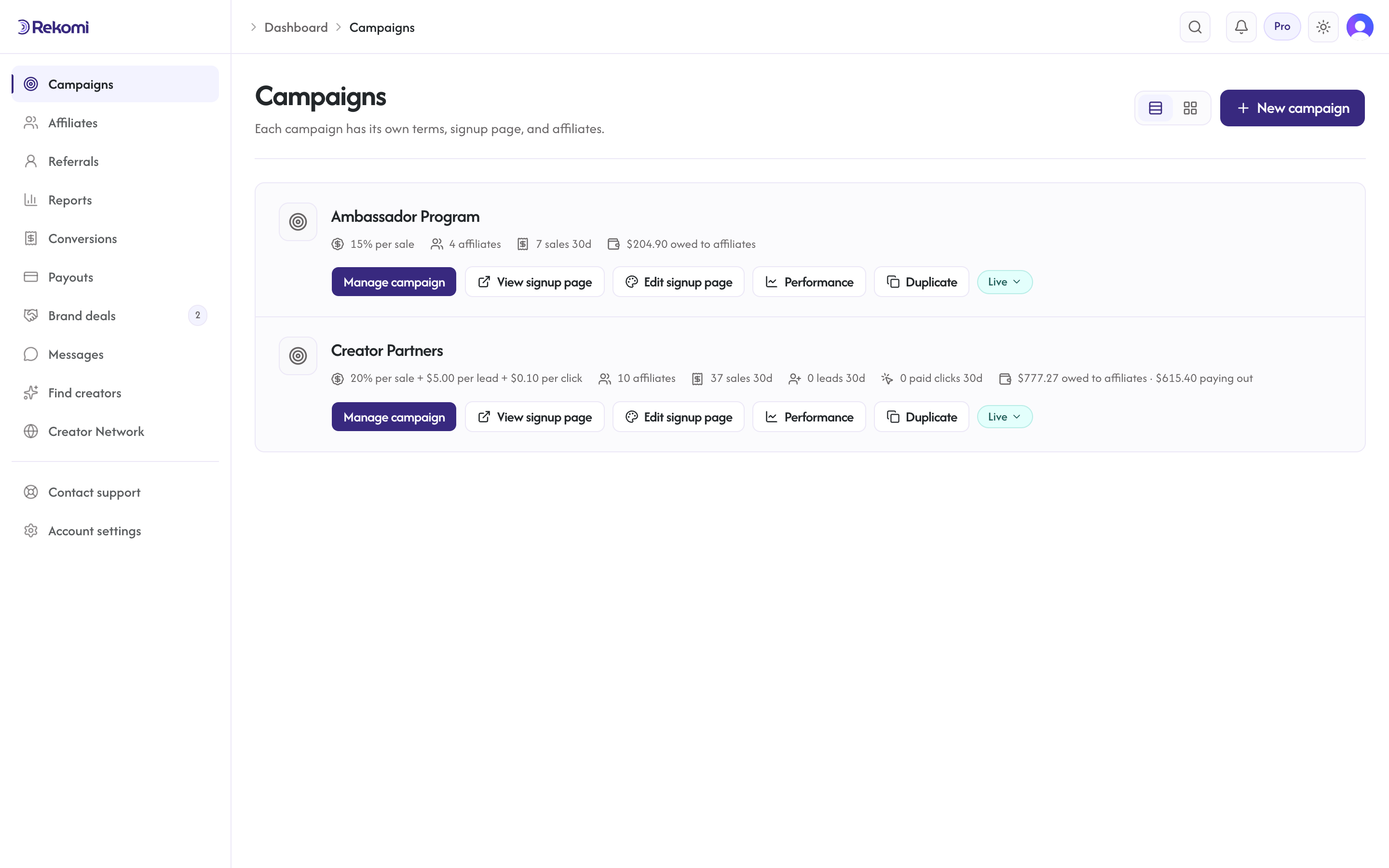 The Campaigns page listing two campaigns, one paying per sale and one paying per sale plus per lead plus per click, with affiliates, sales, and payout figures