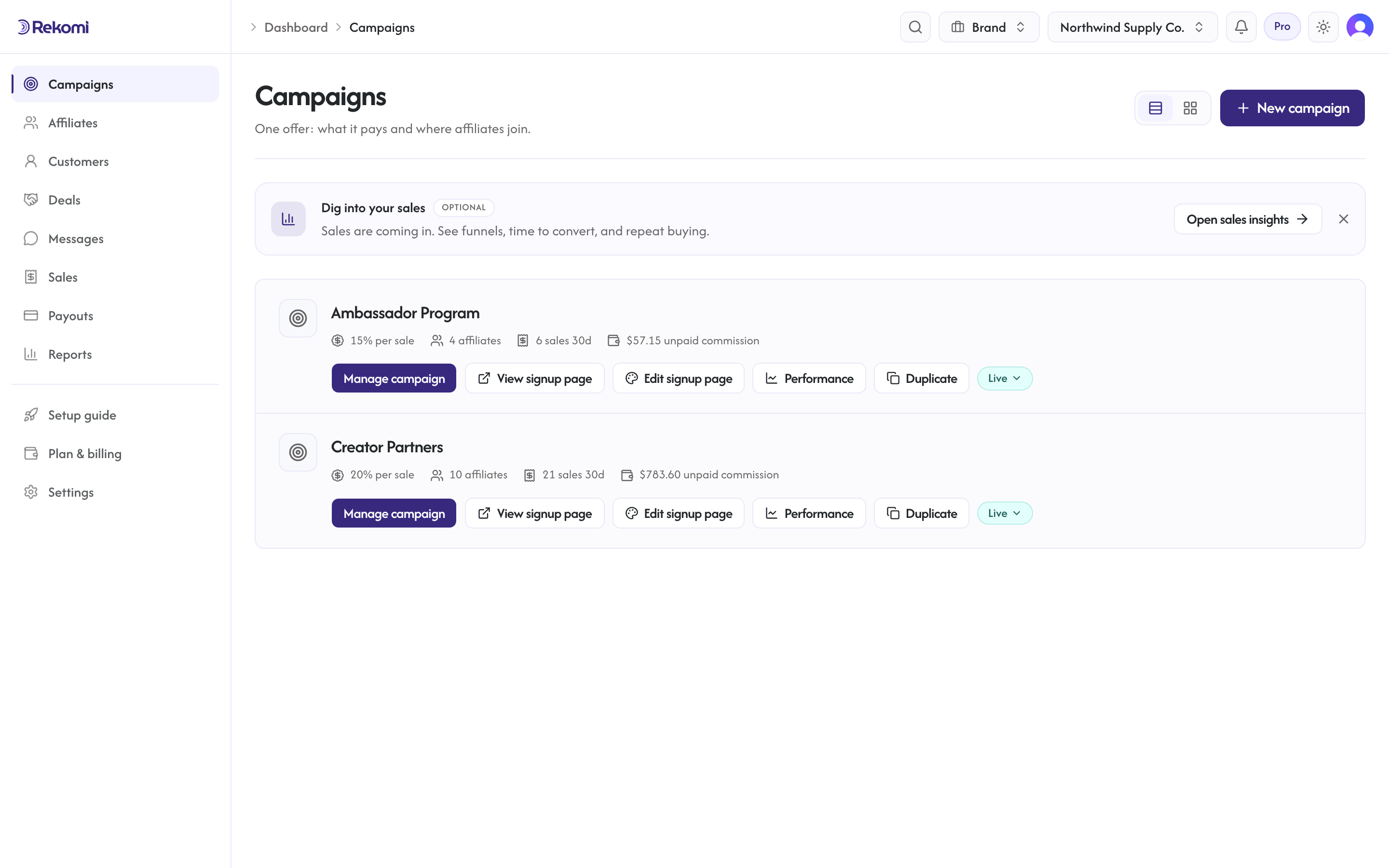 The campaigns landing with a stats line and labeled action buttons on each campaign