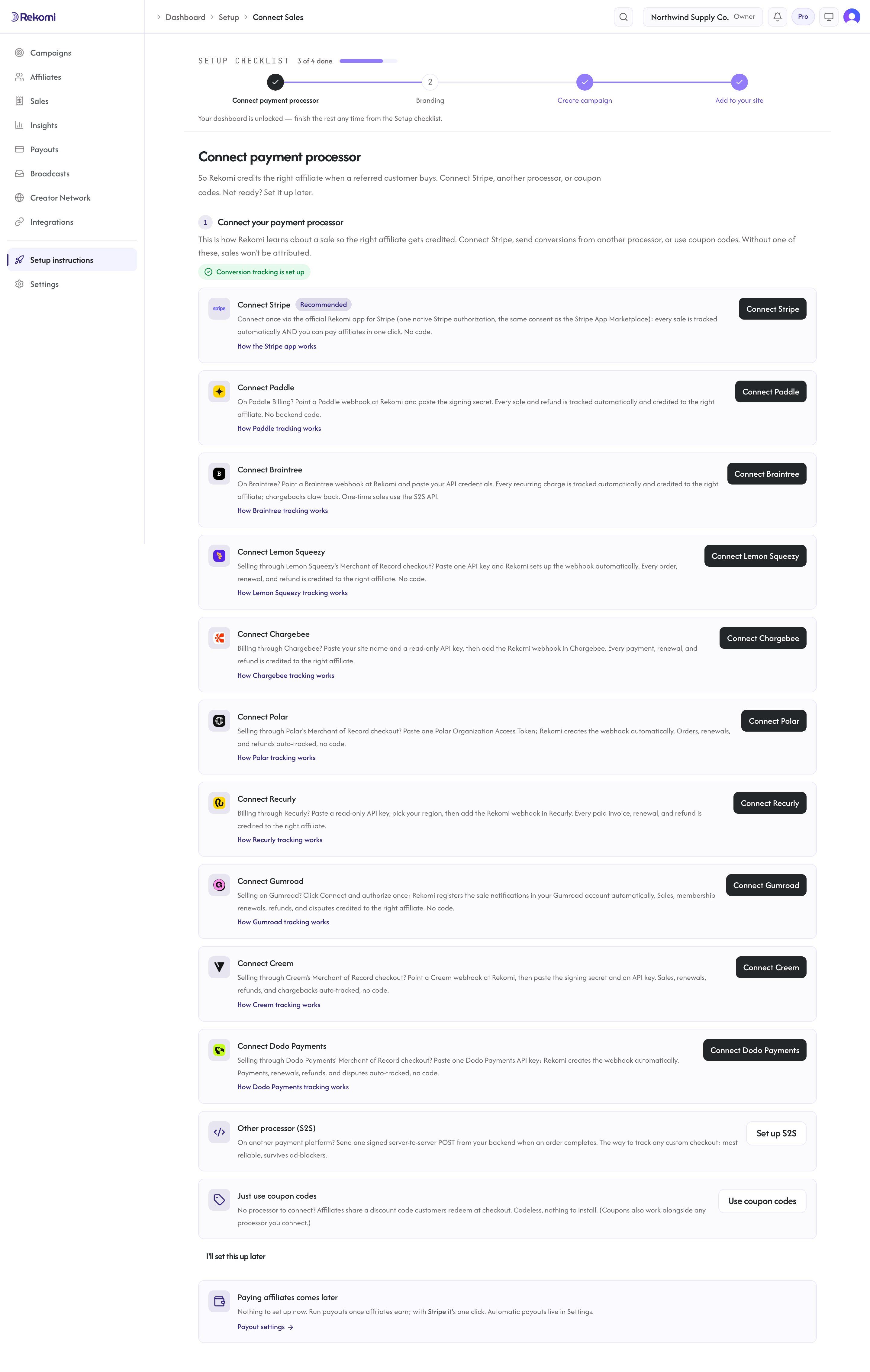 The connect payment gateway step listing all ten supported gateways: Stripe, Paddle, Braintree, Lemon Squeezy, Chargebee, Polar, Recurly, Gumroad, Creem, and Dodo Payments